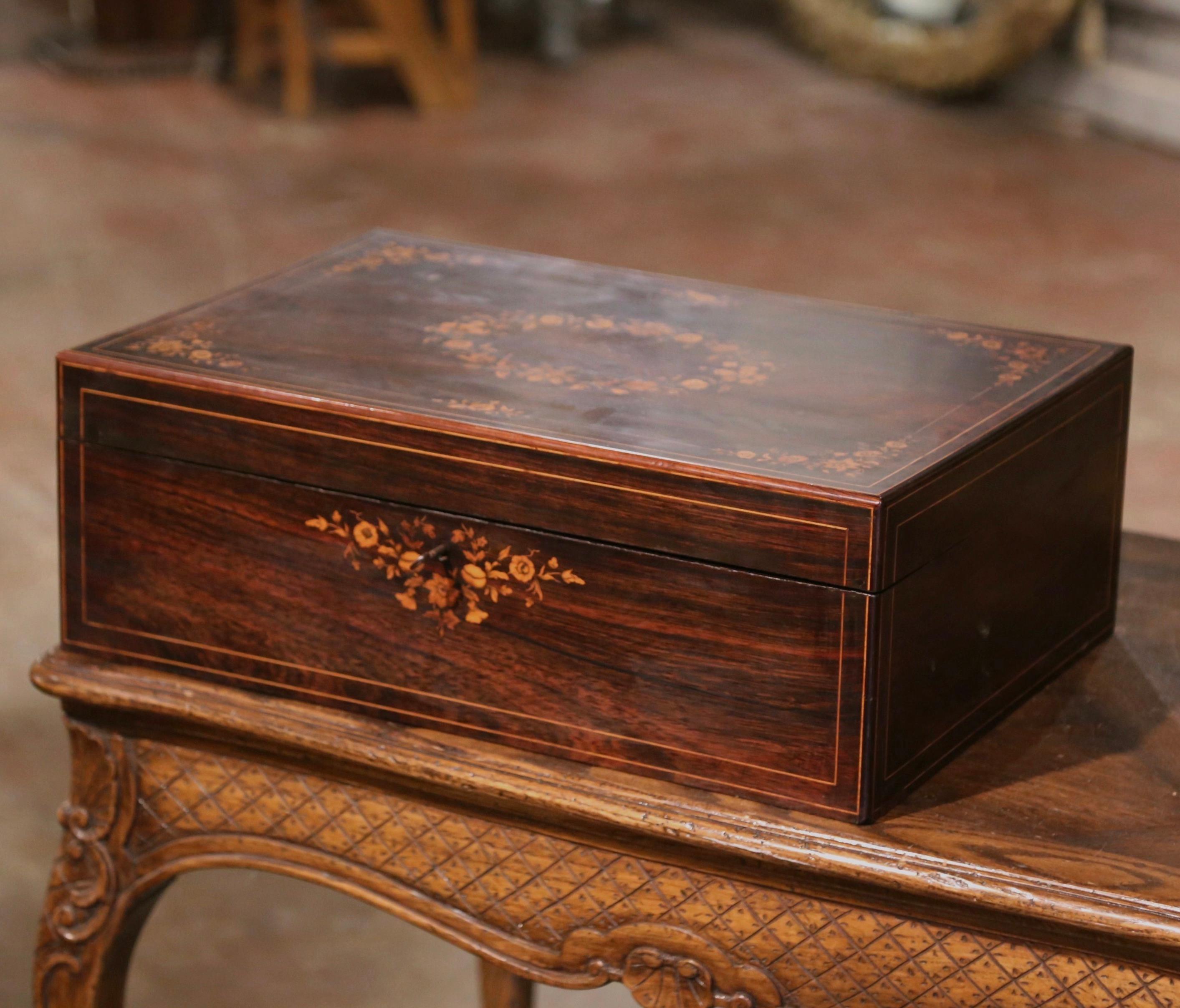 19th Century French Napoleon III Floral Inlaid Rosewood Decorative Jewelry Box For Sale 1