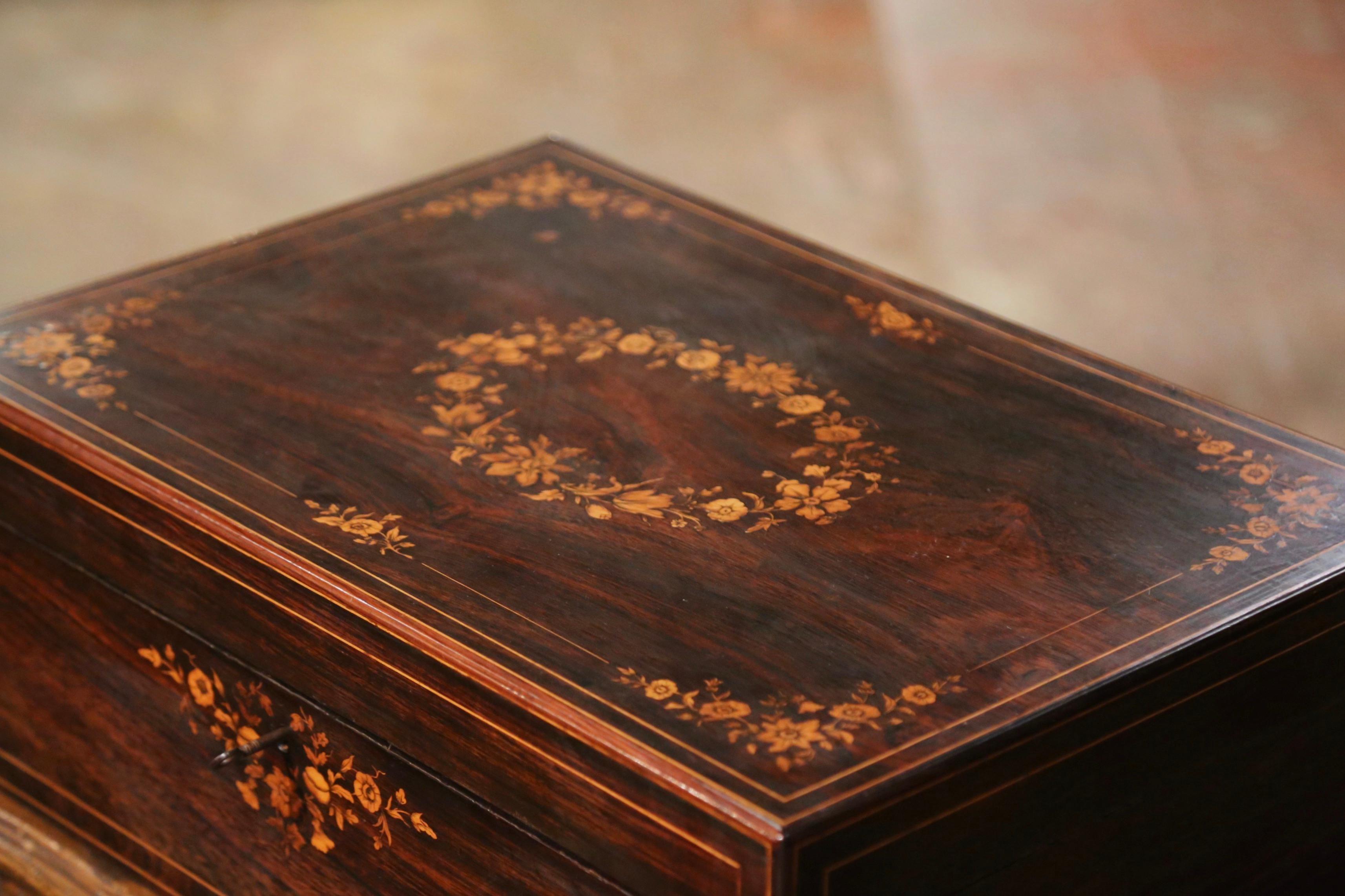 19th Century French Napoleon III Floral Inlaid Rosewood Decorative Jewelry Box For Sale 2