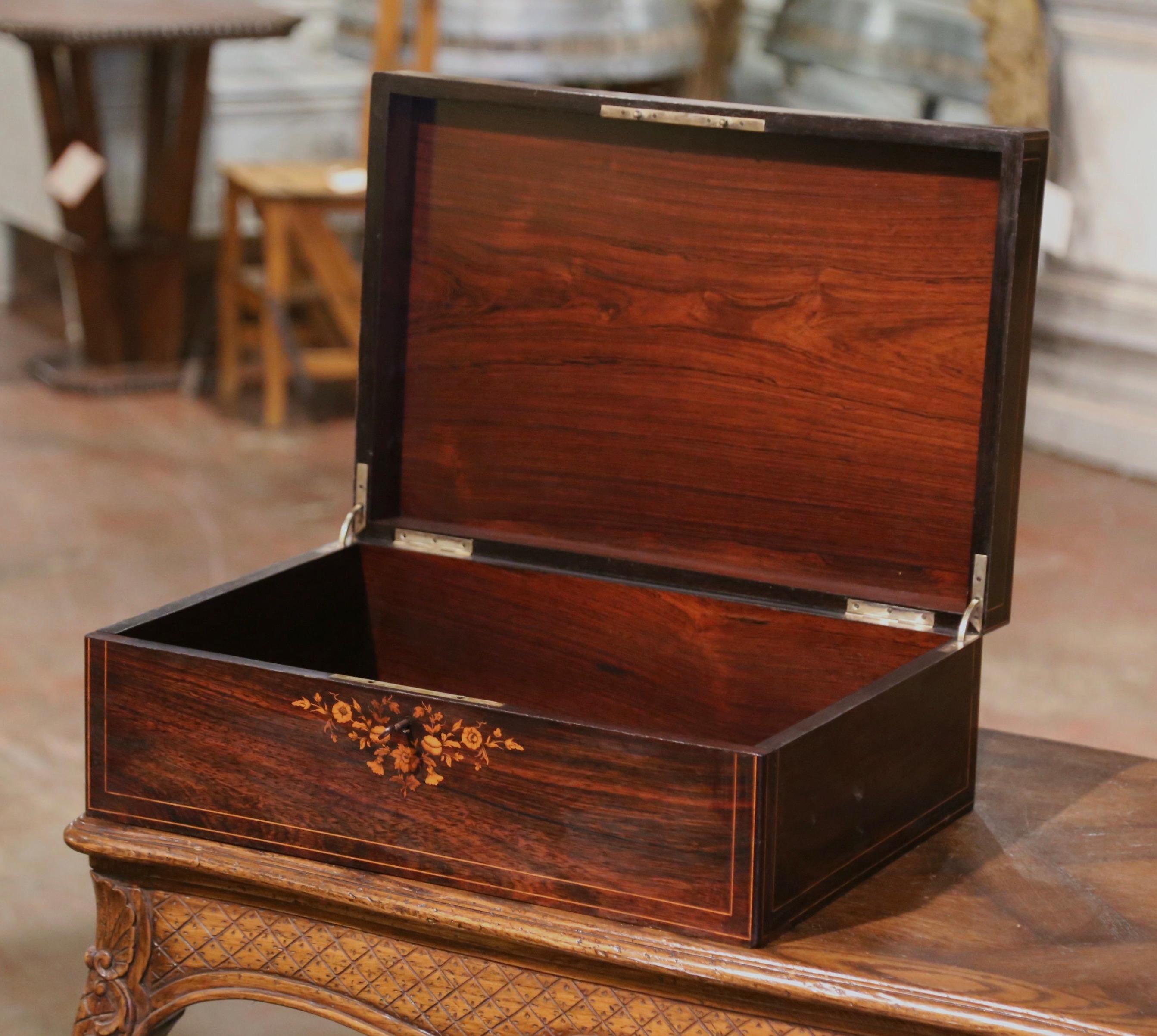 19th Century French Napoleon III Floral Inlaid Rosewood Decorative Jewelry Box For Sale 3