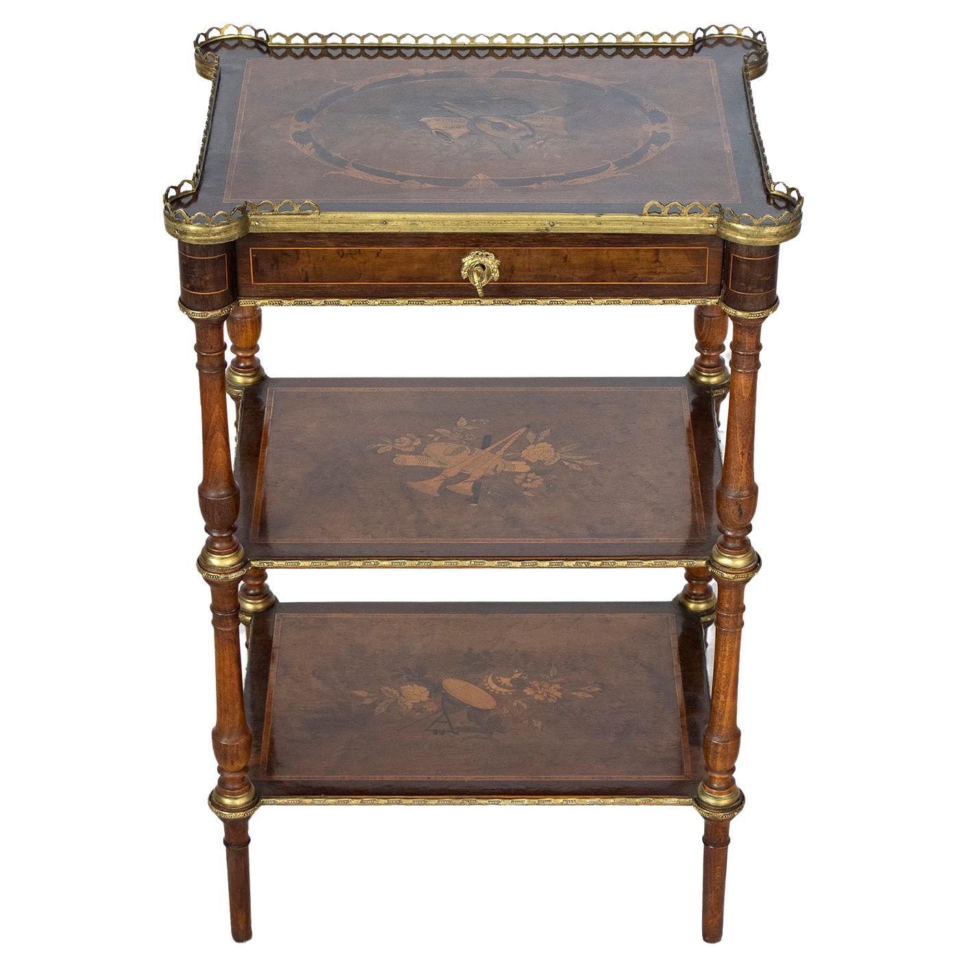 19th Century French Napoleon III° Fruitwood Inlay Etagere  Side Table 