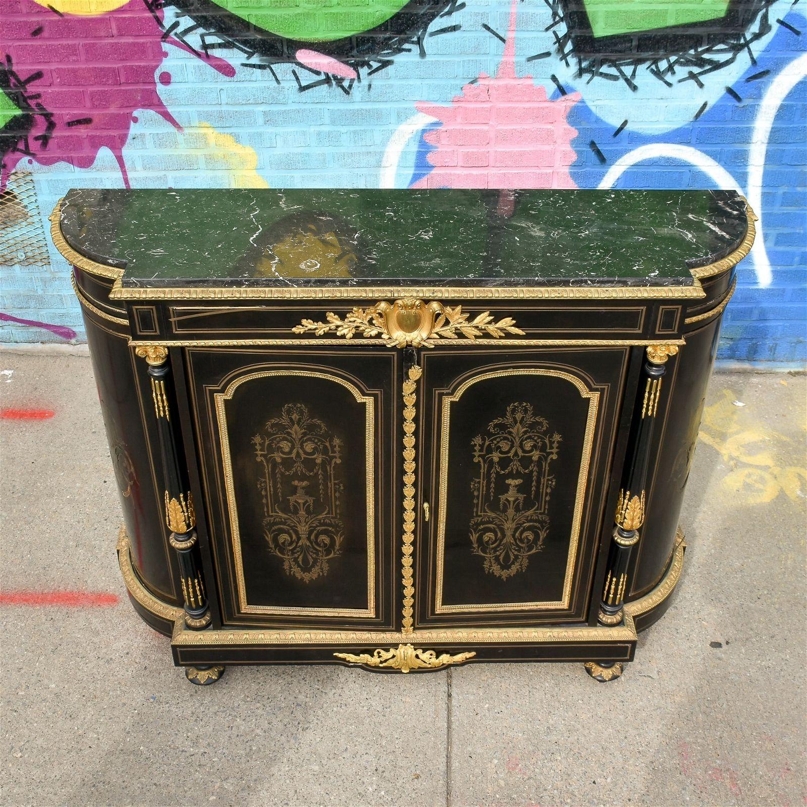 19th Century French Napoleon III Gilt Bronze Ebonized Side Cabinet / Sideboard In Good Condition For Sale In New York, NY