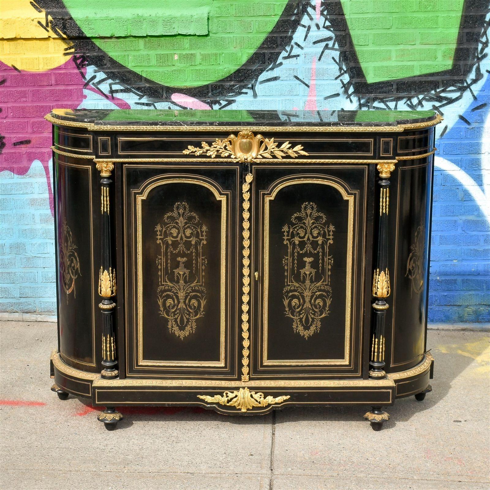 19th Century French Napoleon III Gilt Bronze Ebonized Side Cabinet / Sideboard For Sale 1