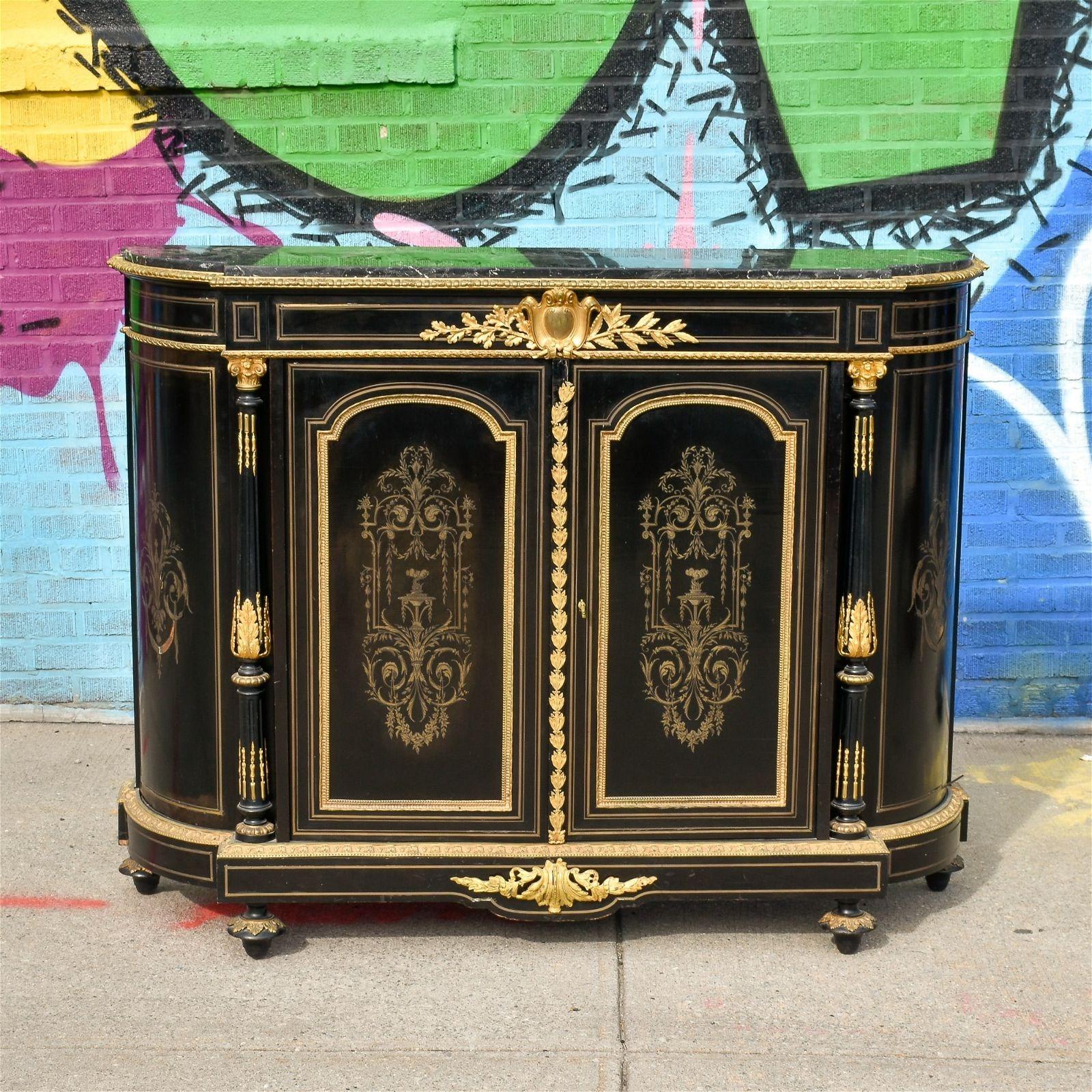 19th Century French Napoleon III Gilt Bronze Ebonized Side Cabinet / Sideboard For Sale 2
