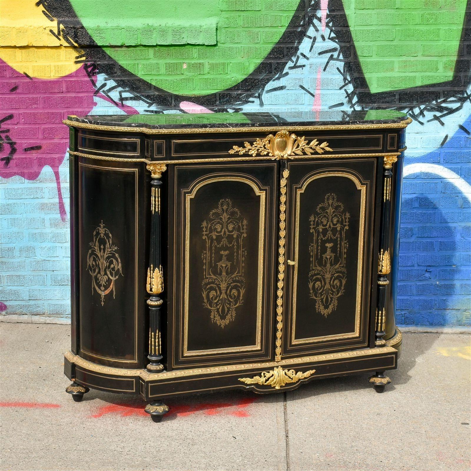 19th Century French Napoleon III Gilt Bronze Ebonized Side Cabinet / Sideboard For Sale 5