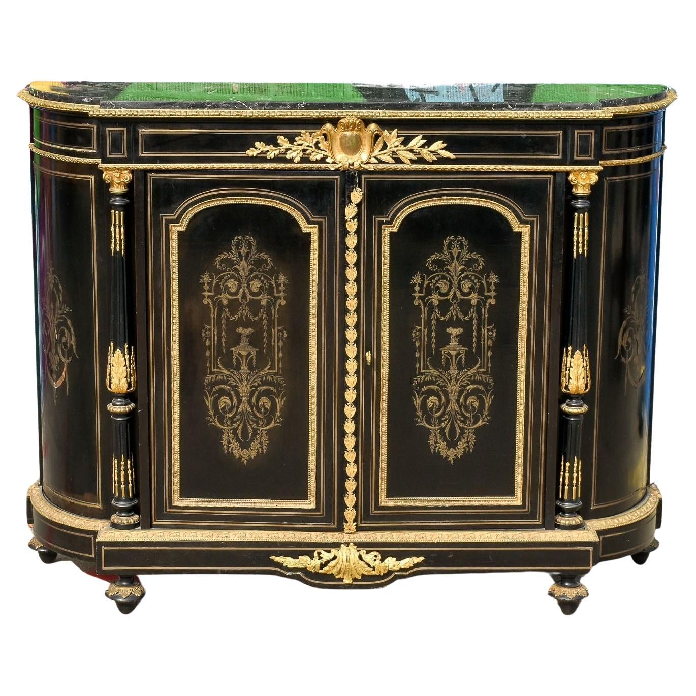 19th Century French Napoleon III Gilt Bronze Ebonized Side Cabinet / Sideboard For Sale