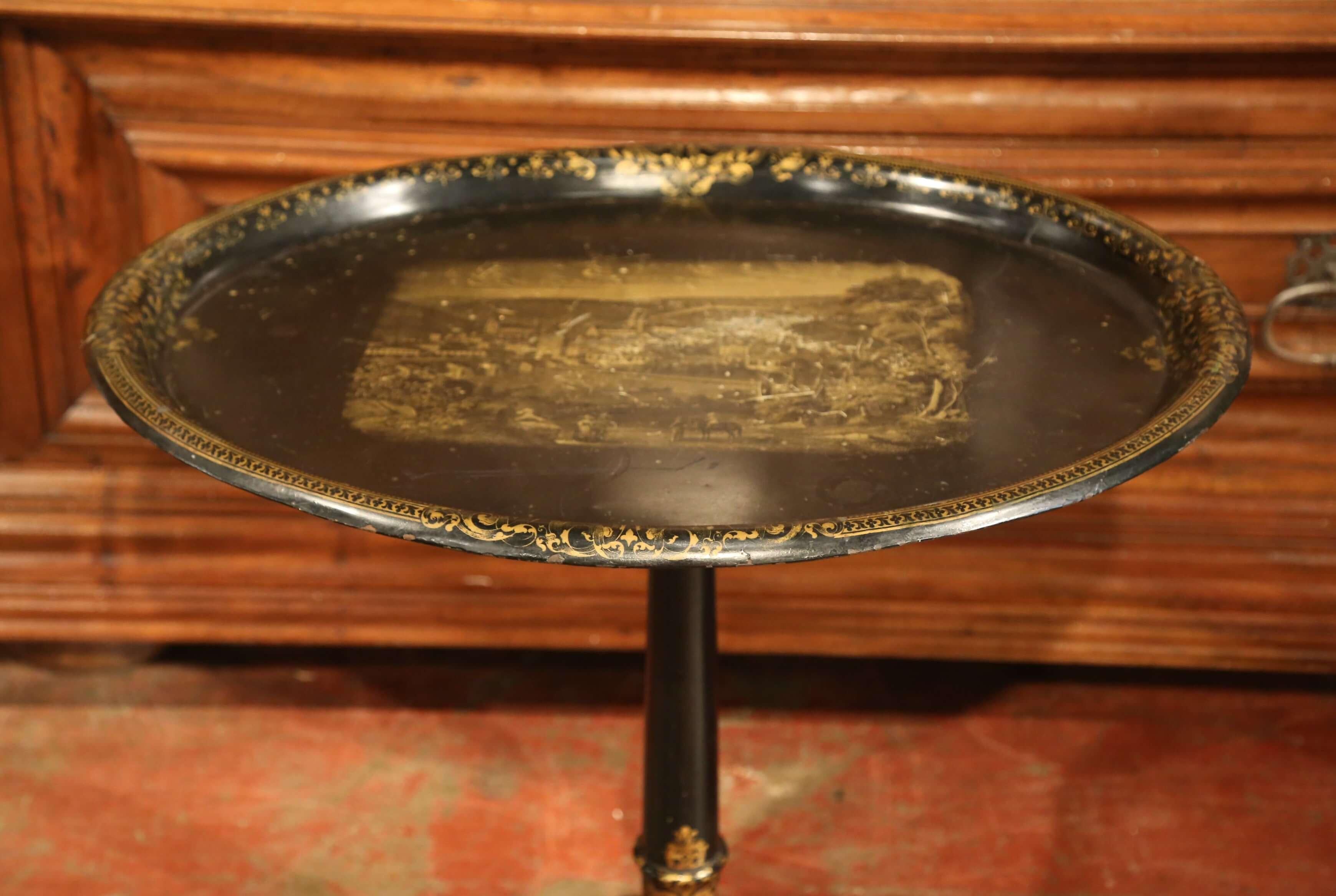 Hand-Carved 19th Century French Napoleon III Giltwood Table Base with Hand Painted Tole Top For Sale