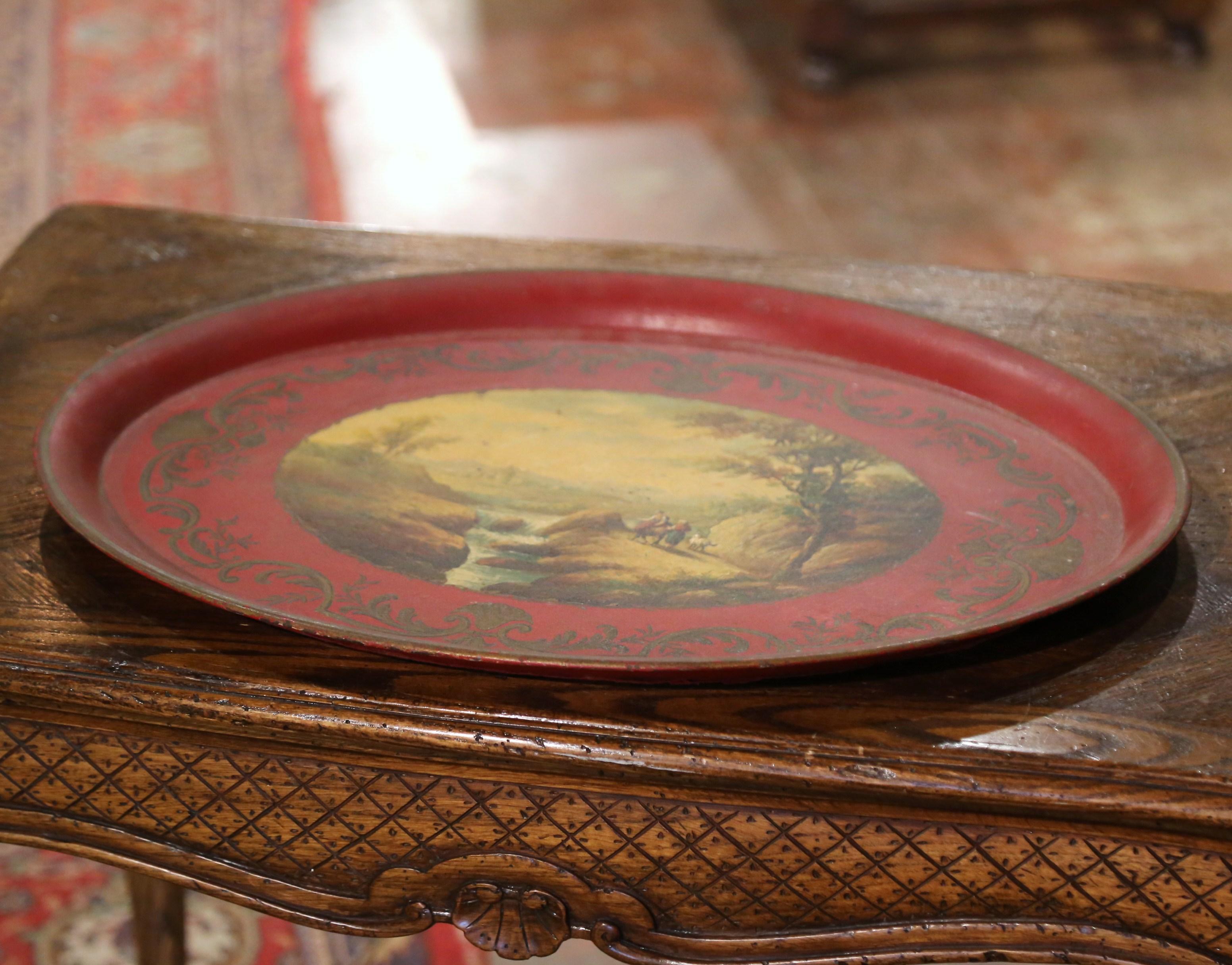 19th Century French Napoleon III Hand Painted Landscape Scene Oval Tole Tray 3