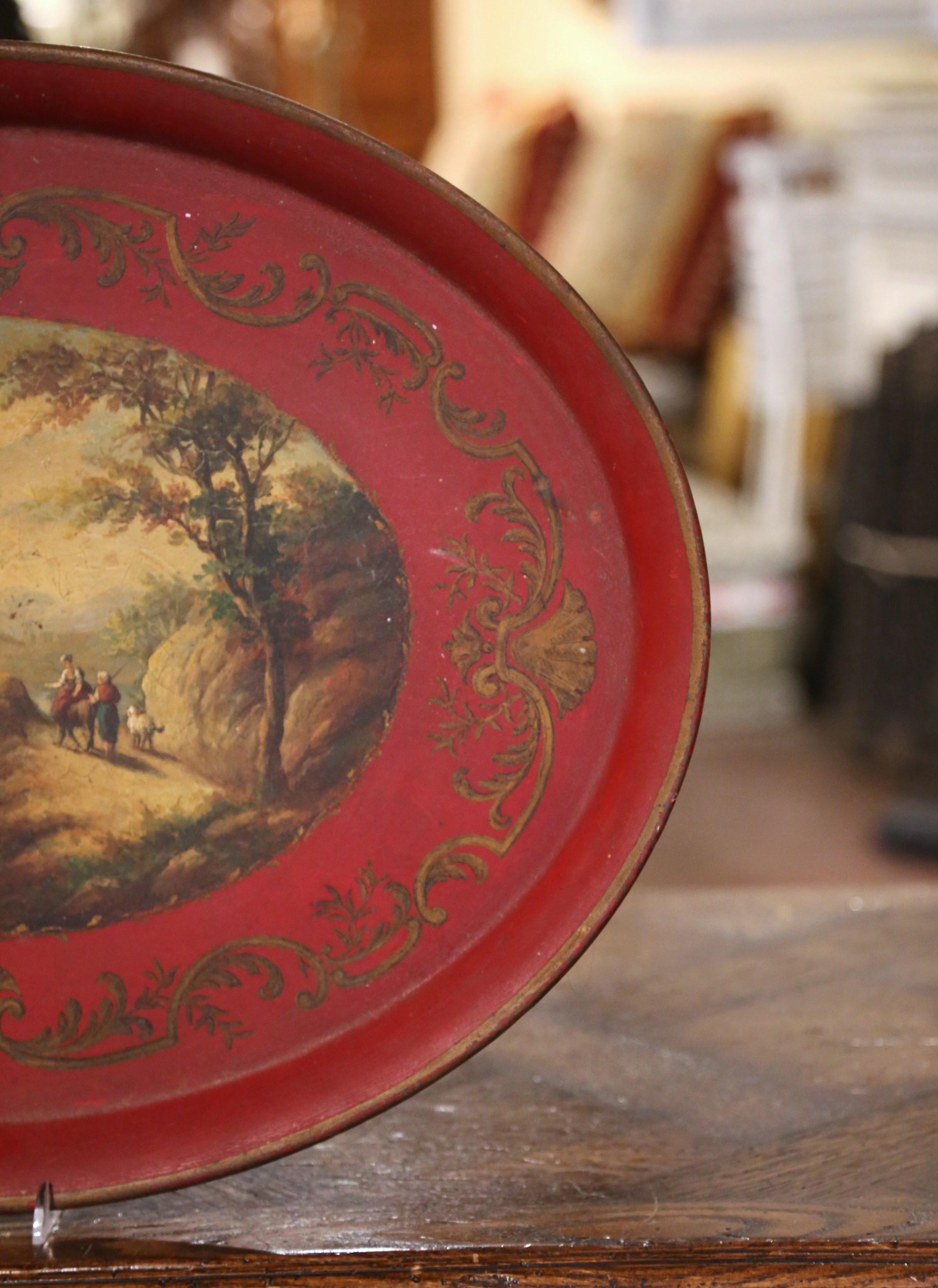 Hand-Painted 19th Century French Napoleon III Hand Painted Landscape Scene Oval Tole Tray