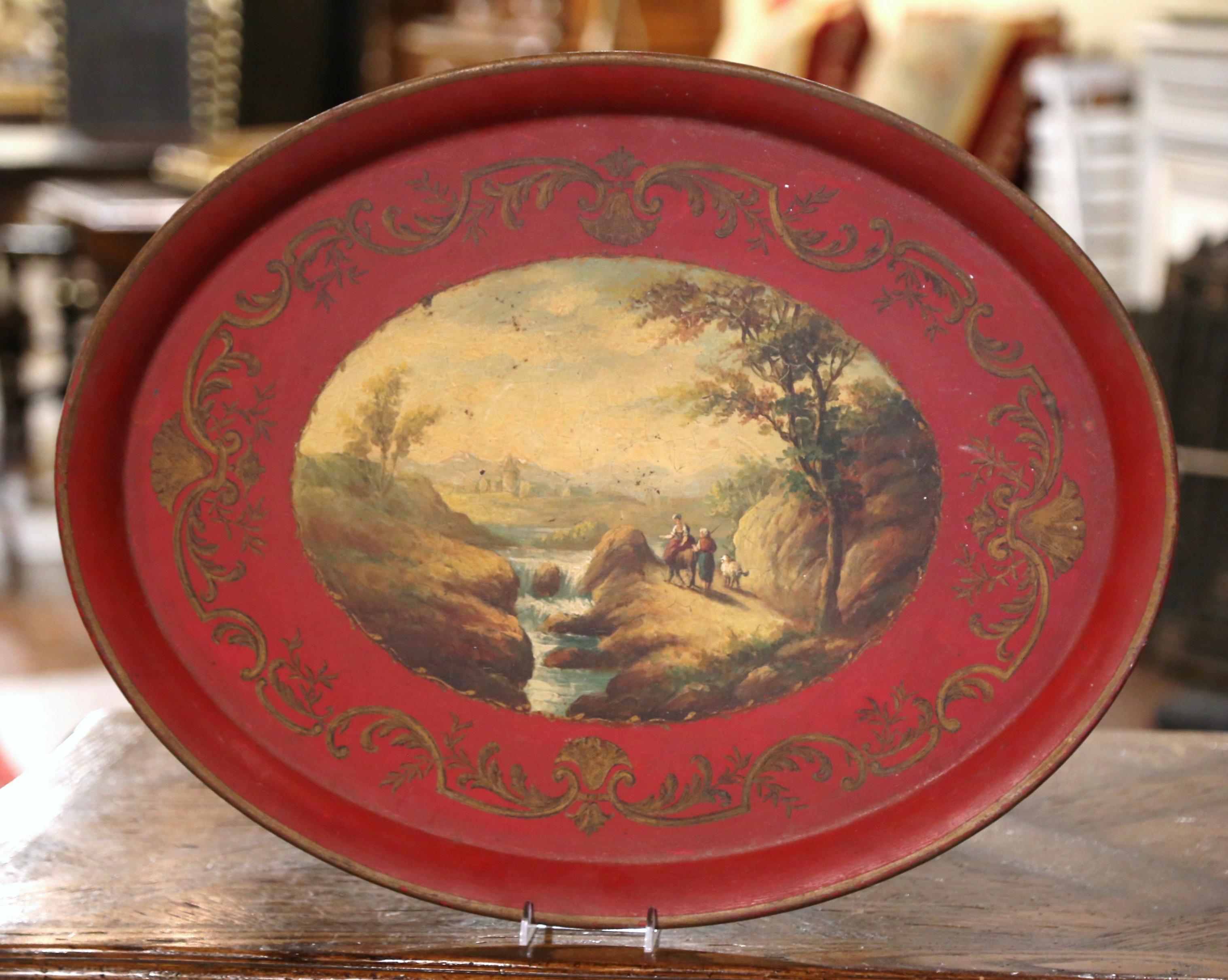 19th Century French Napoleon III Hand Painted Landscape Scene Oval Tole Tray In Excellent Condition In Dallas, TX