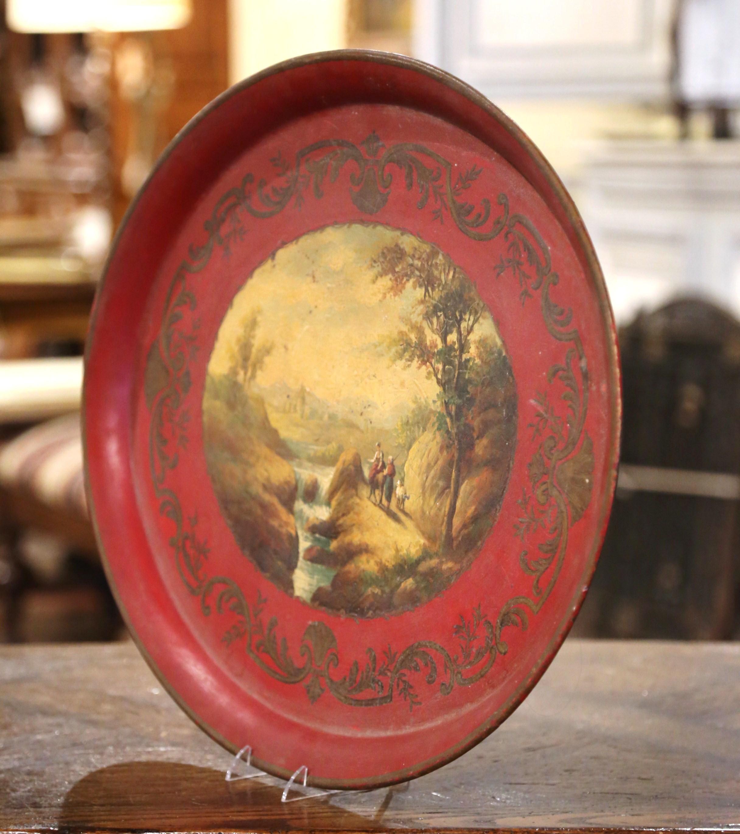 Metal 19th Century French Napoleon III Hand Painted Landscape Scene Oval Tole Tray