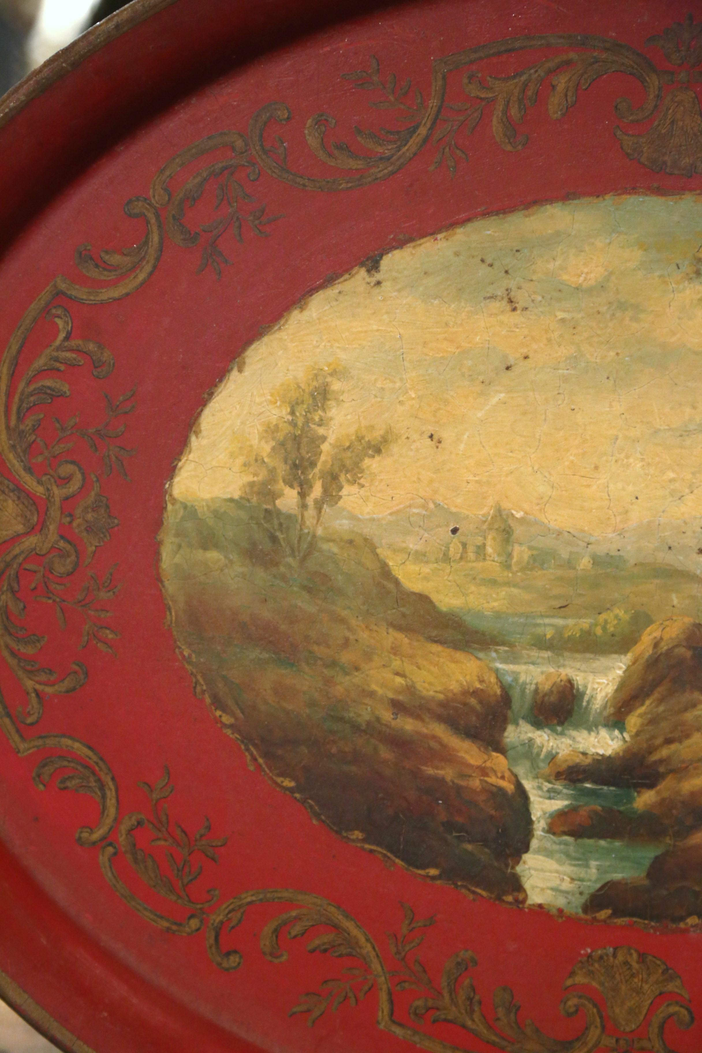 19th Century French Napoleon III Hand Painted Landscape Scene Oval Tole Tray 2
