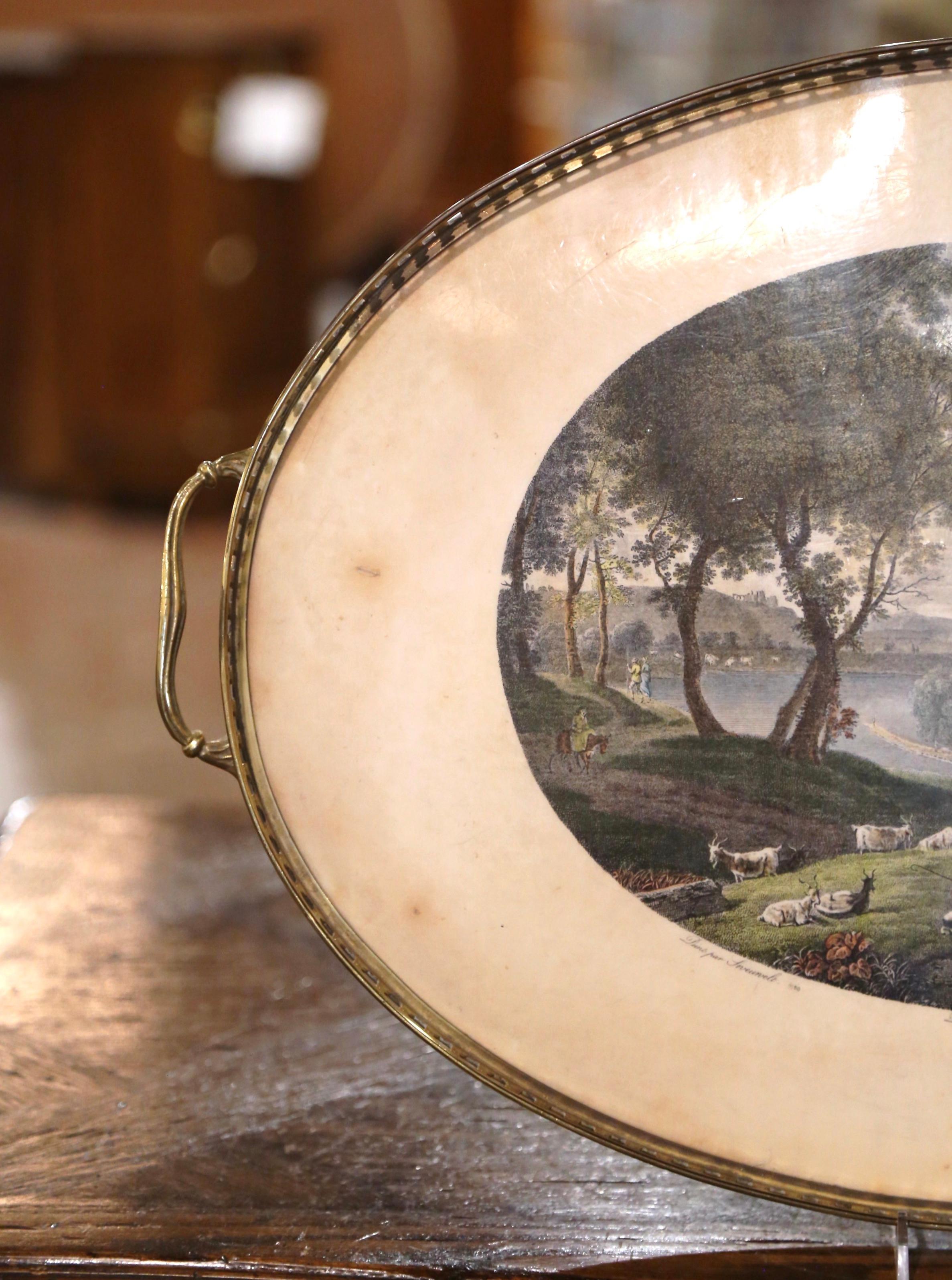 Français Plateau ovale français du 19ème siècle en laiton peint à la main style Napoléon III en vente