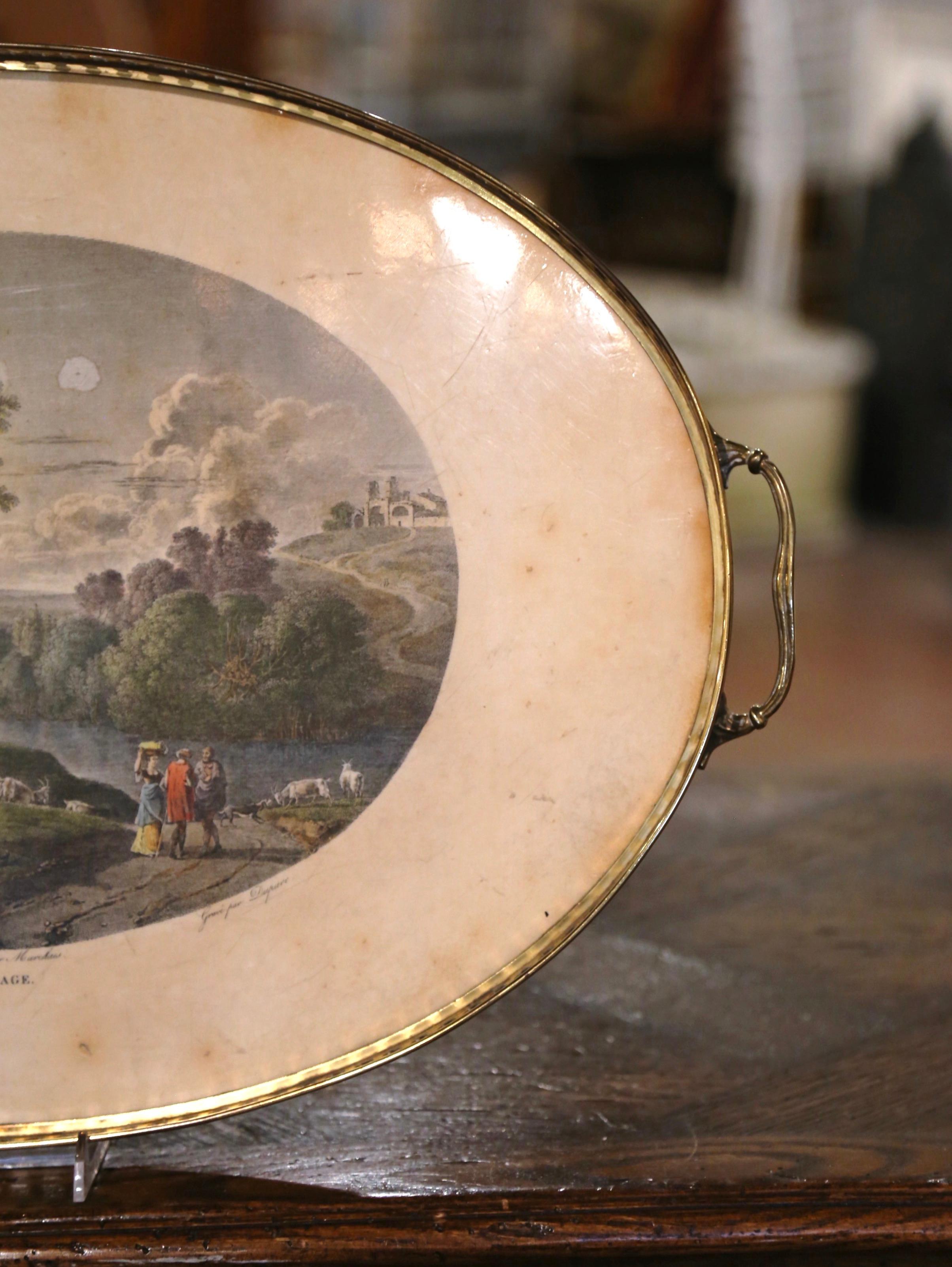 19th Century French Napoleon III Hand Painted Oval Brass Tray In Excellent Condition For Sale In Dallas, TX