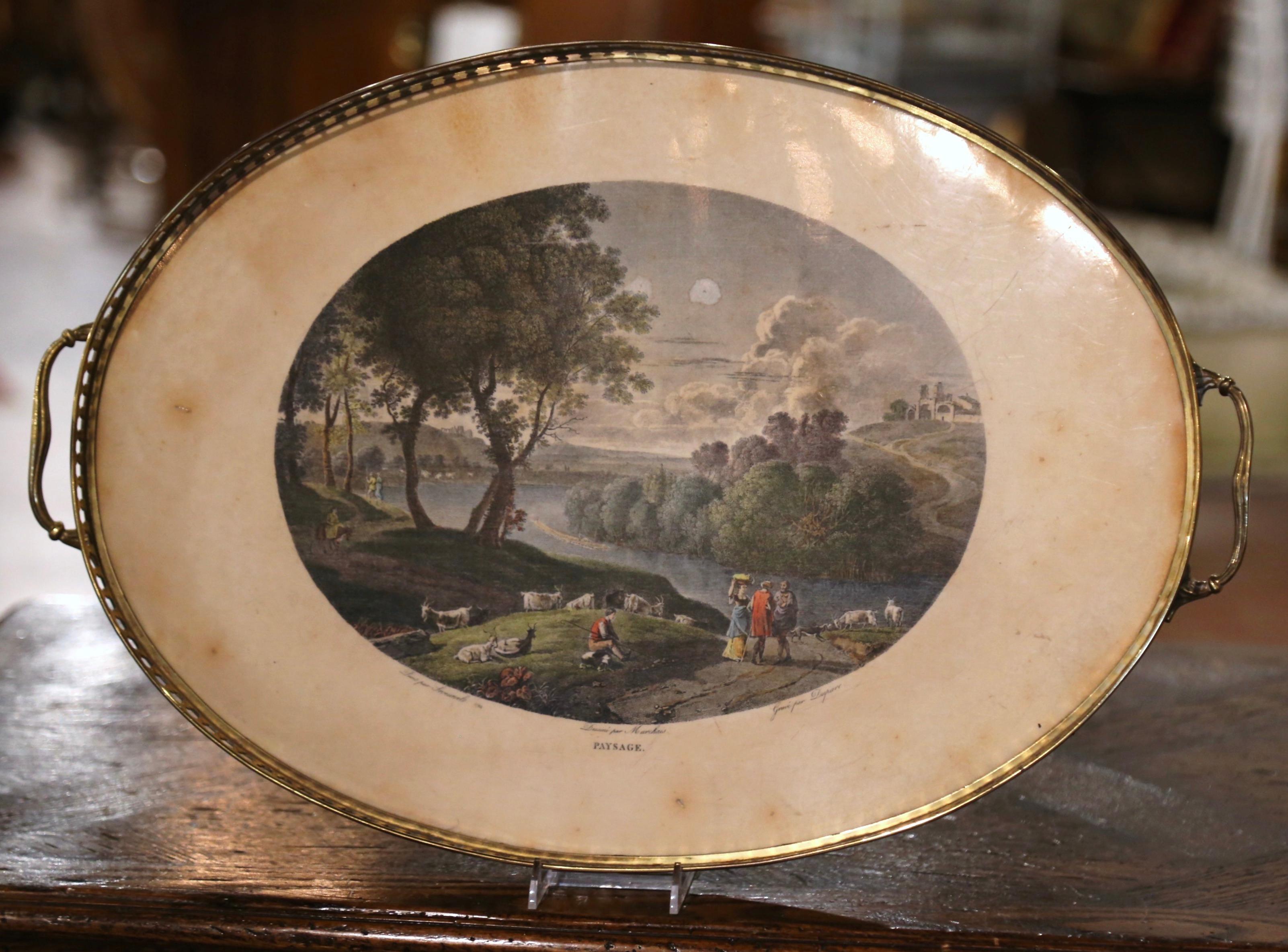 Metal 19th Century French Napoleon III Hand Painted Oval Brass Tray For Sale