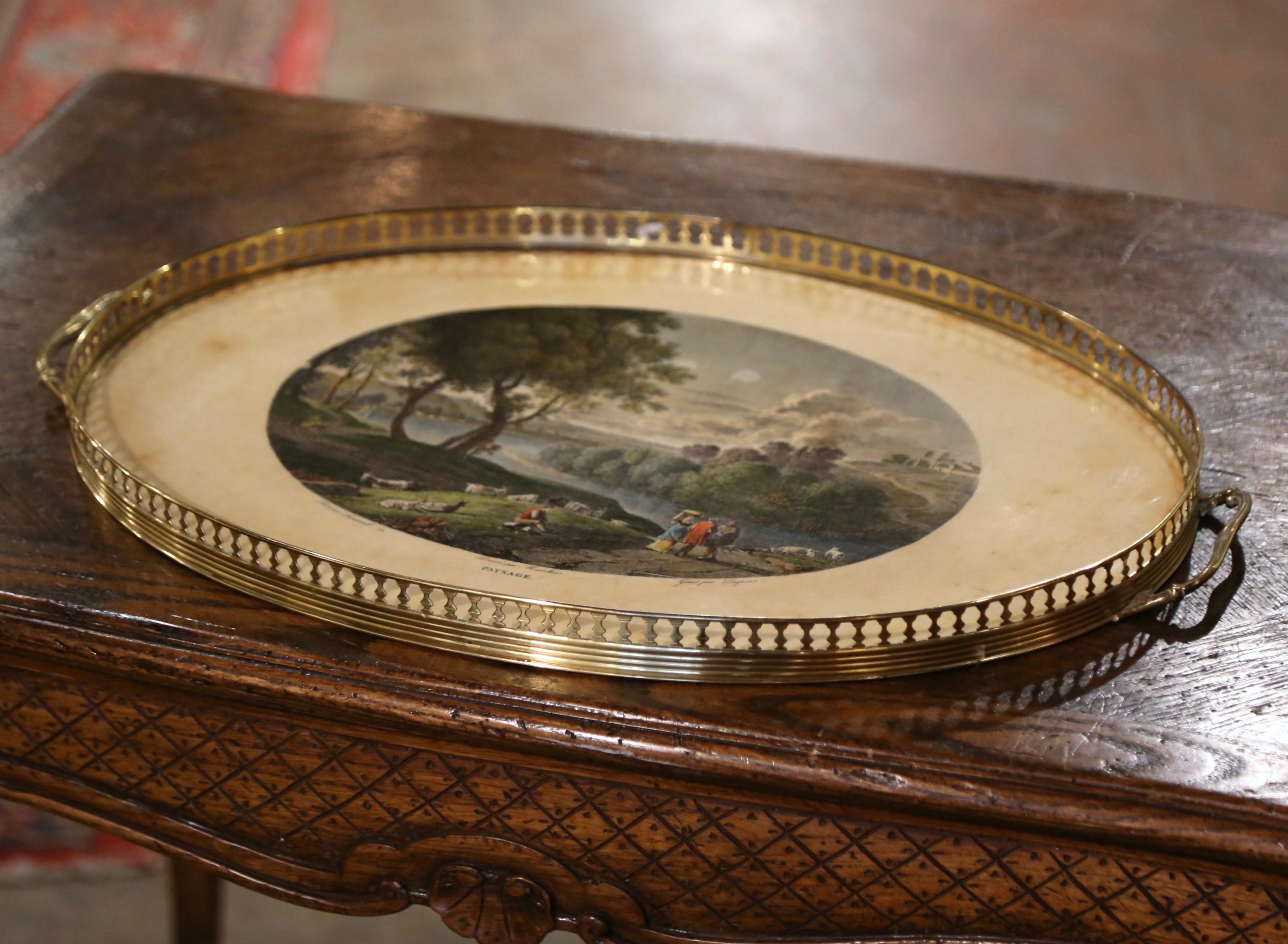 Plateau ovale français du 19ème siècle en laiton peint à la main style Napoléon III en vente 1