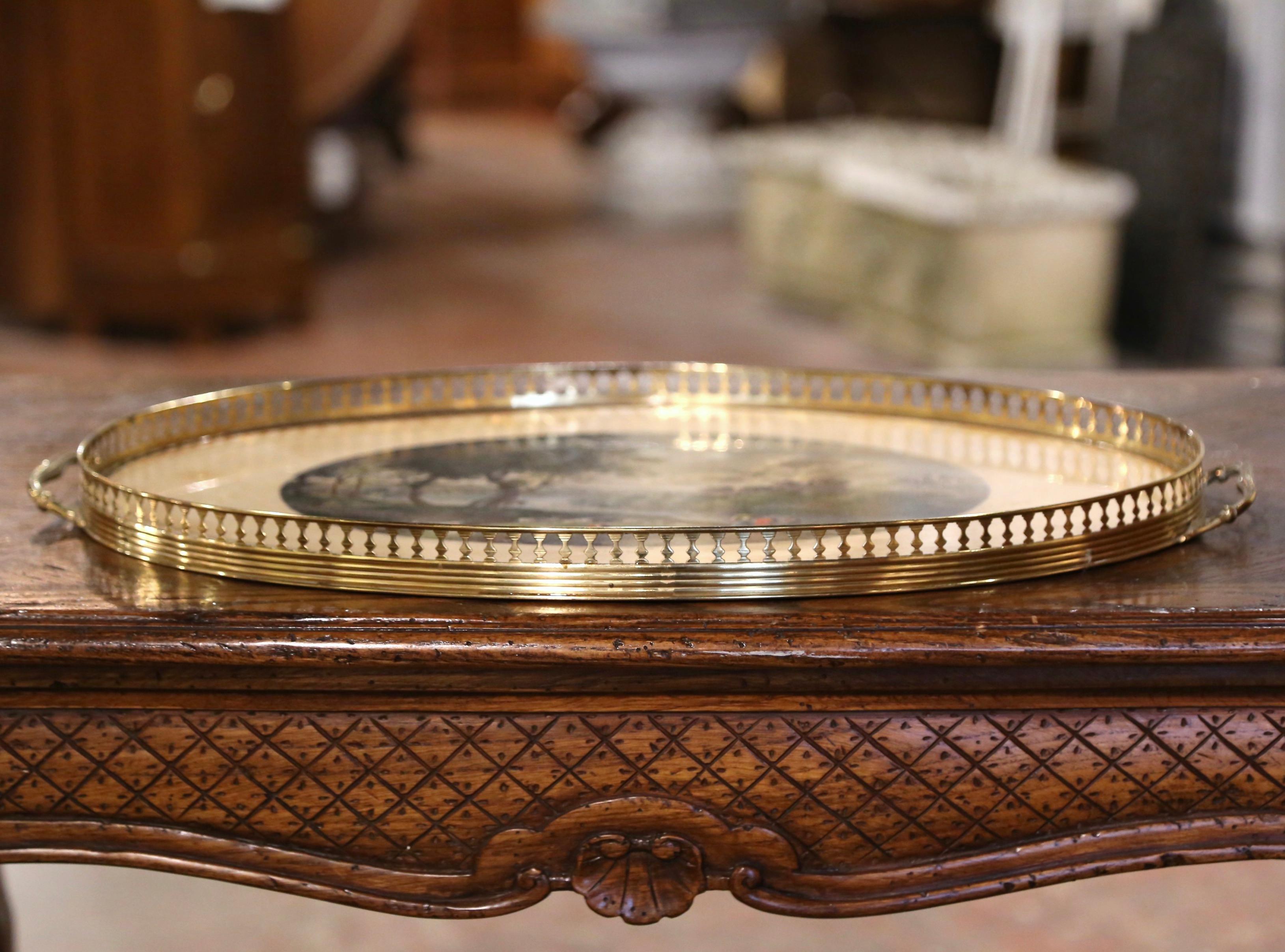 19th Century French Napoleon III Hand Painted Oval Brass Tray For Sale 4