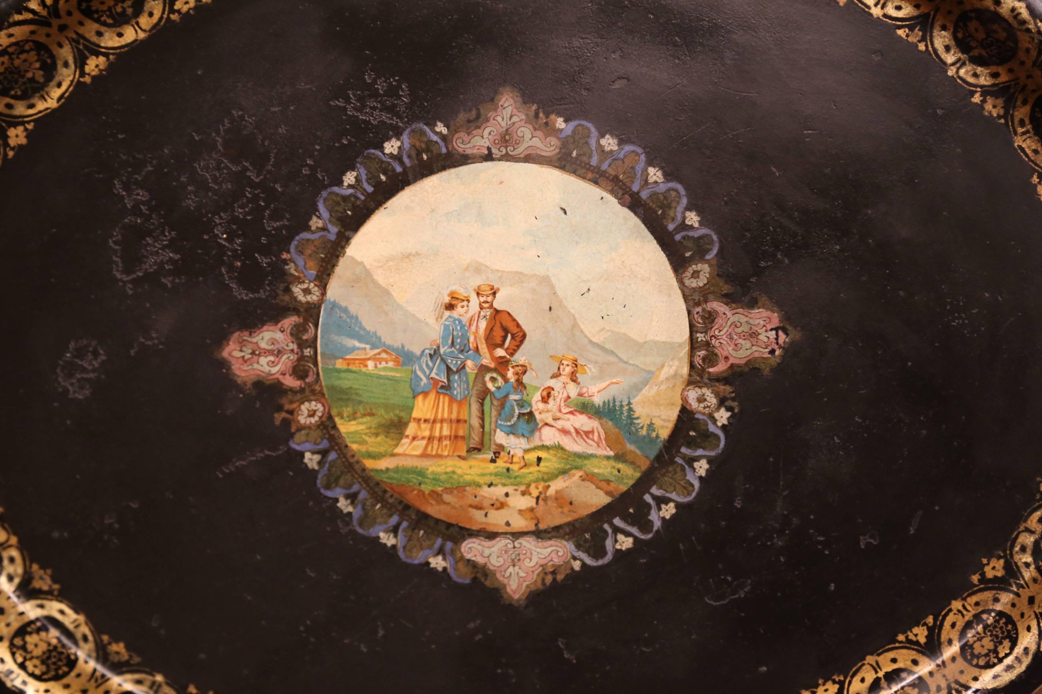 19th Century French Napoleon III Hand Painted Oval Tole Tray with Family Scene In Excellent Condition For Sale In Dallas, TX