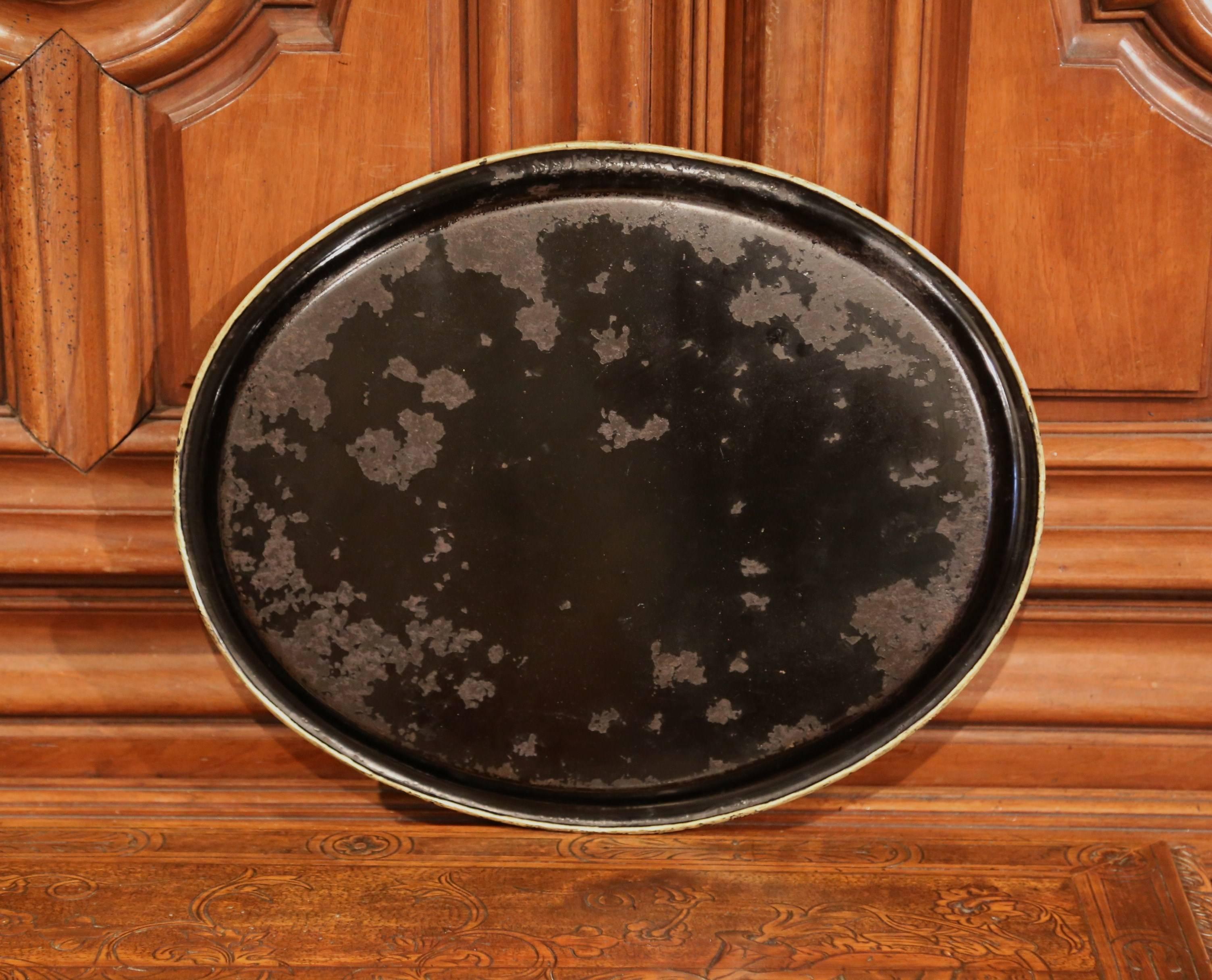 Tôle 19th Century French Napoleon III Hand Painted Oval Tole Tray with Family Scene For Sale