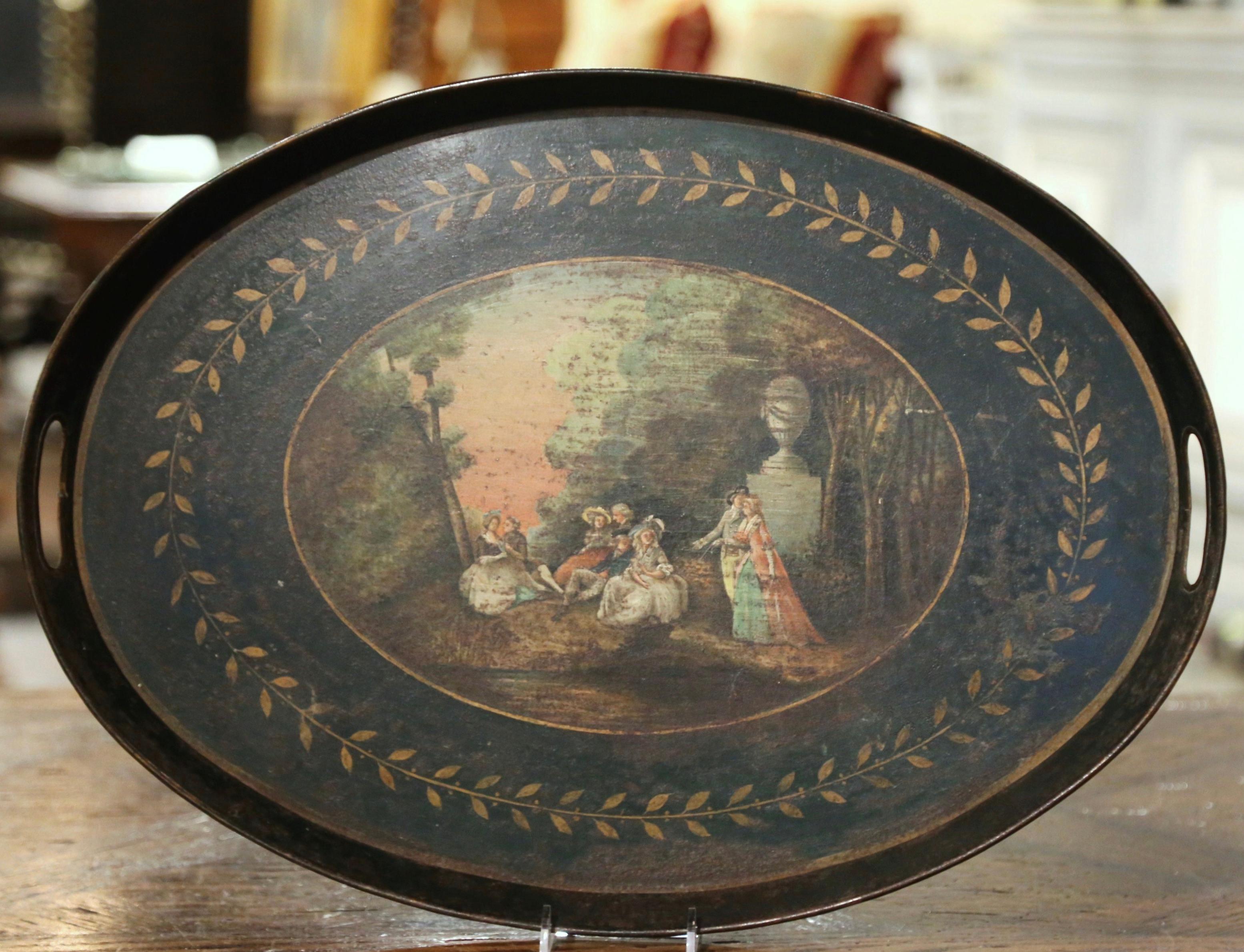 19th Century French Napoleon III Hand Painted Romantic Scene Oval Tole Tray In Excellent Condition In Dallas, TX