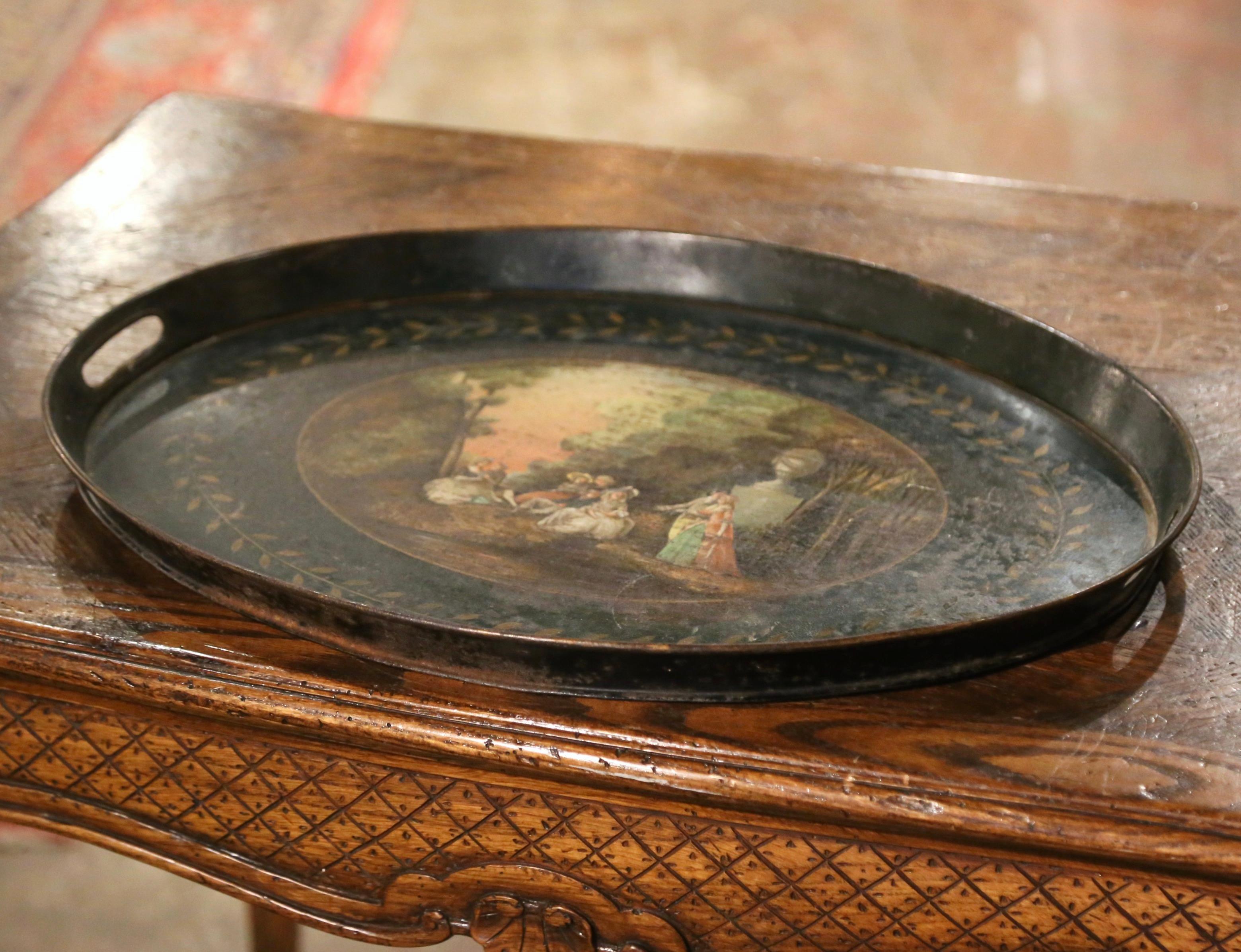 Metal 19th Century French Napoleon III Hand Painted Romantic Scene Oval Tole Tray