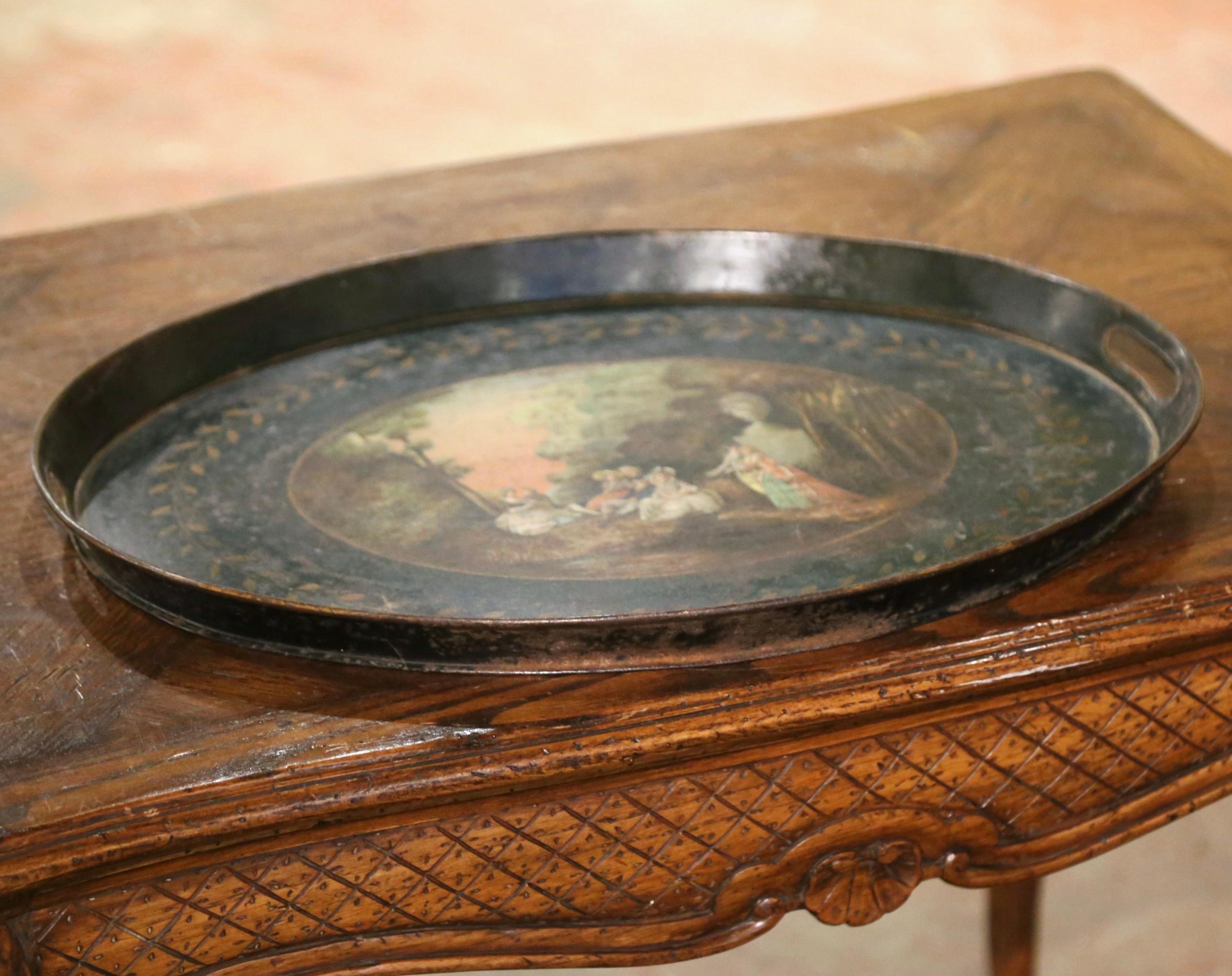 19th Century French Napoleon III Hand Painted Romantic Scene Oval Tole Tray 1