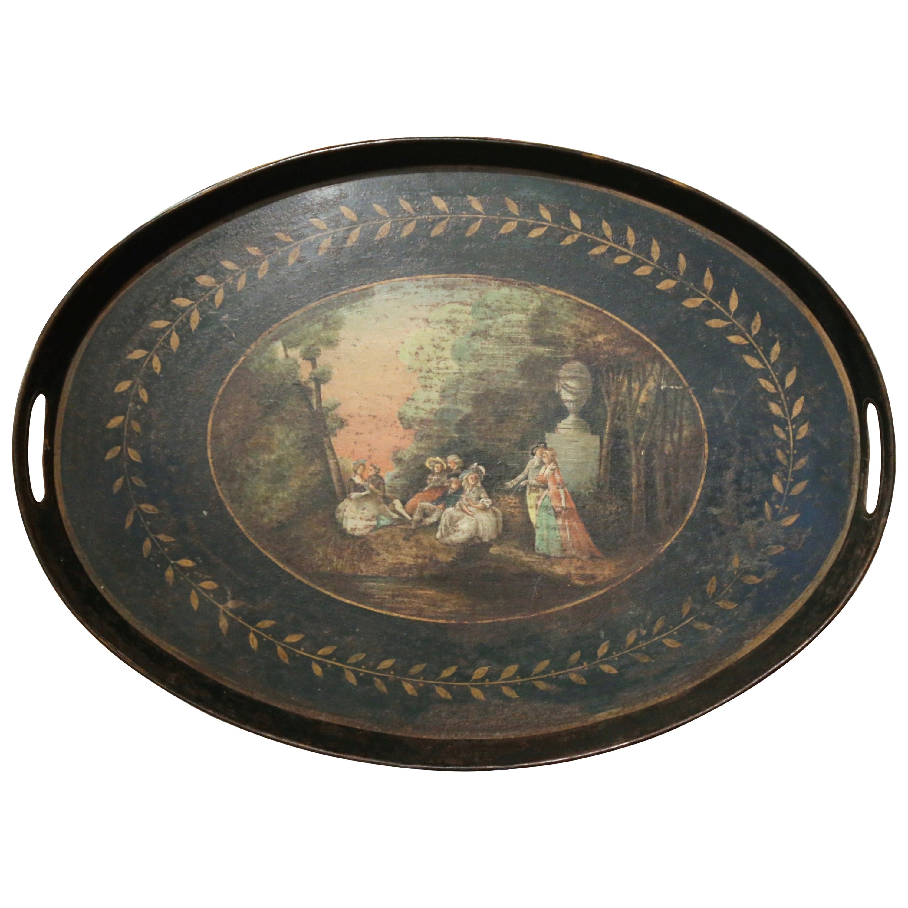 Bandeja ovalada de tole del siglo XIX francés Napoleón III pintada a mano con una escena romántica