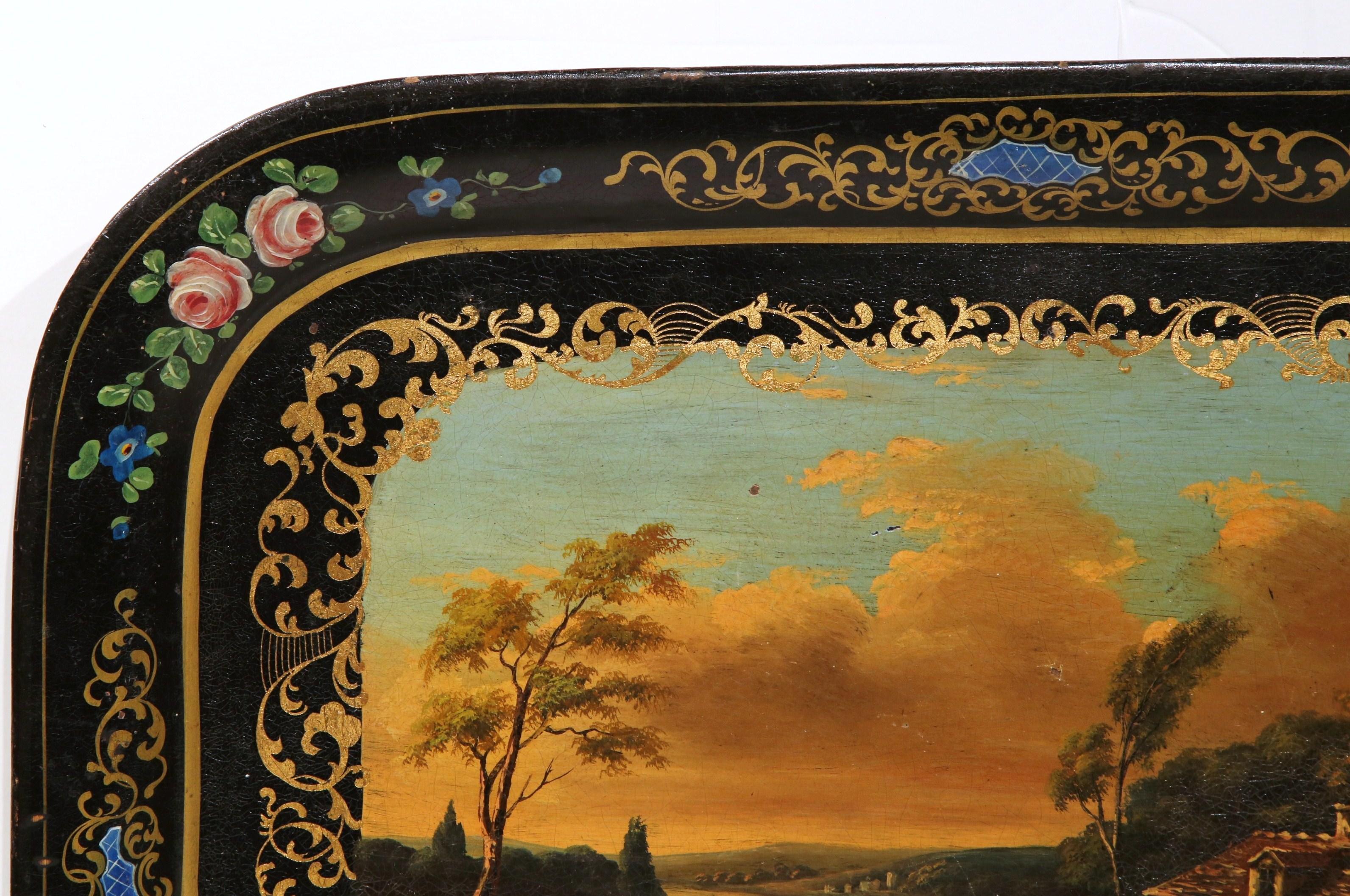 Gilt 19th Century, French, Napoleon III Hand Painted Tole Tray with Pastoral Scene