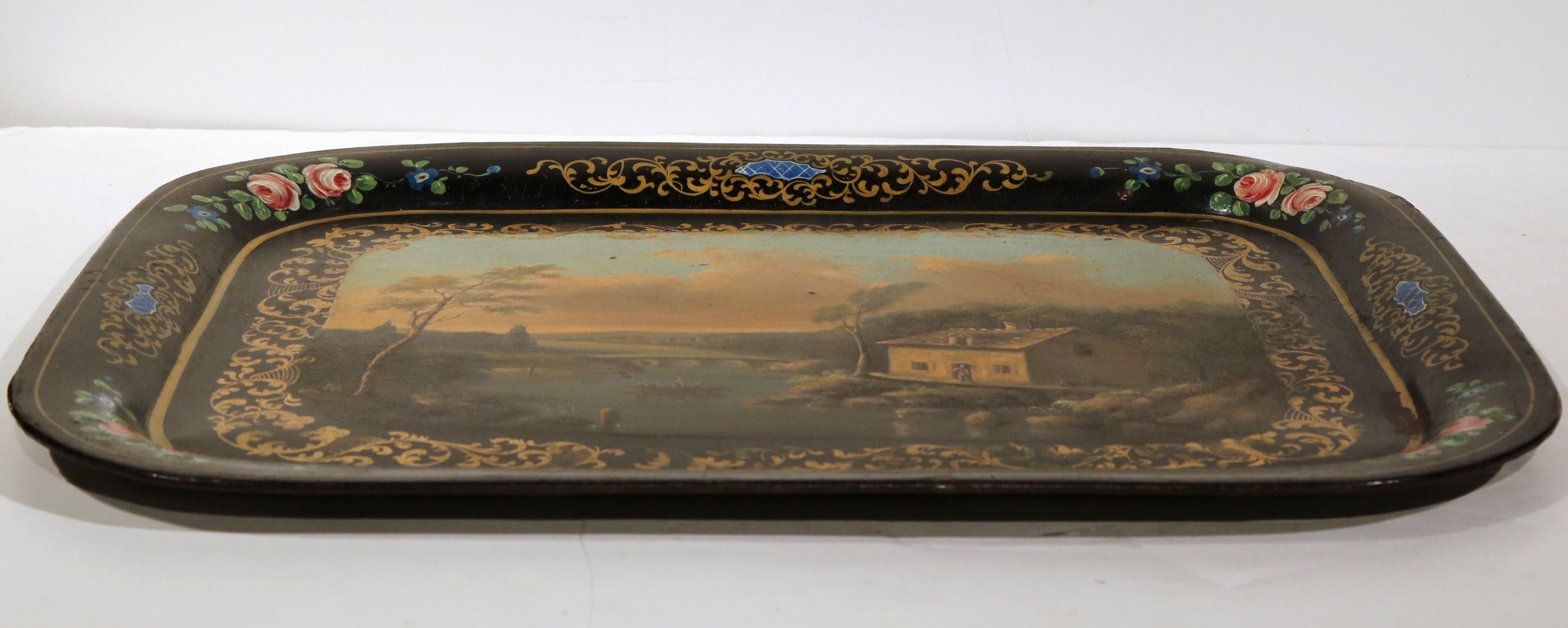 19th Century, French, Napoleon III Hand Painted Tole Tray with Pastoral Scene In Excellent Condition In Dallas, TX