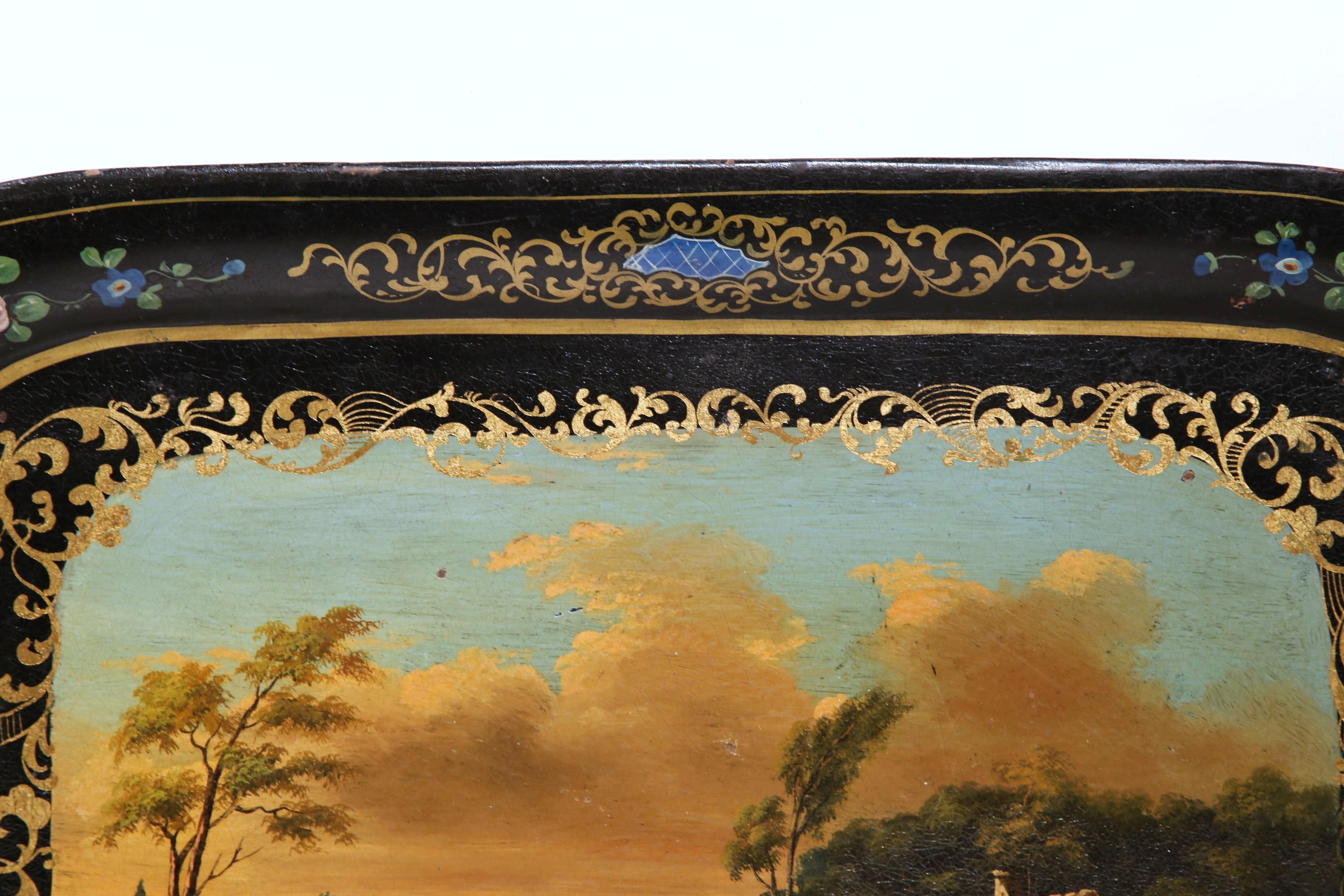 Tôle 19th Century, French, Napoleon III Hand Painted Tole Tray with Pastoral Scene