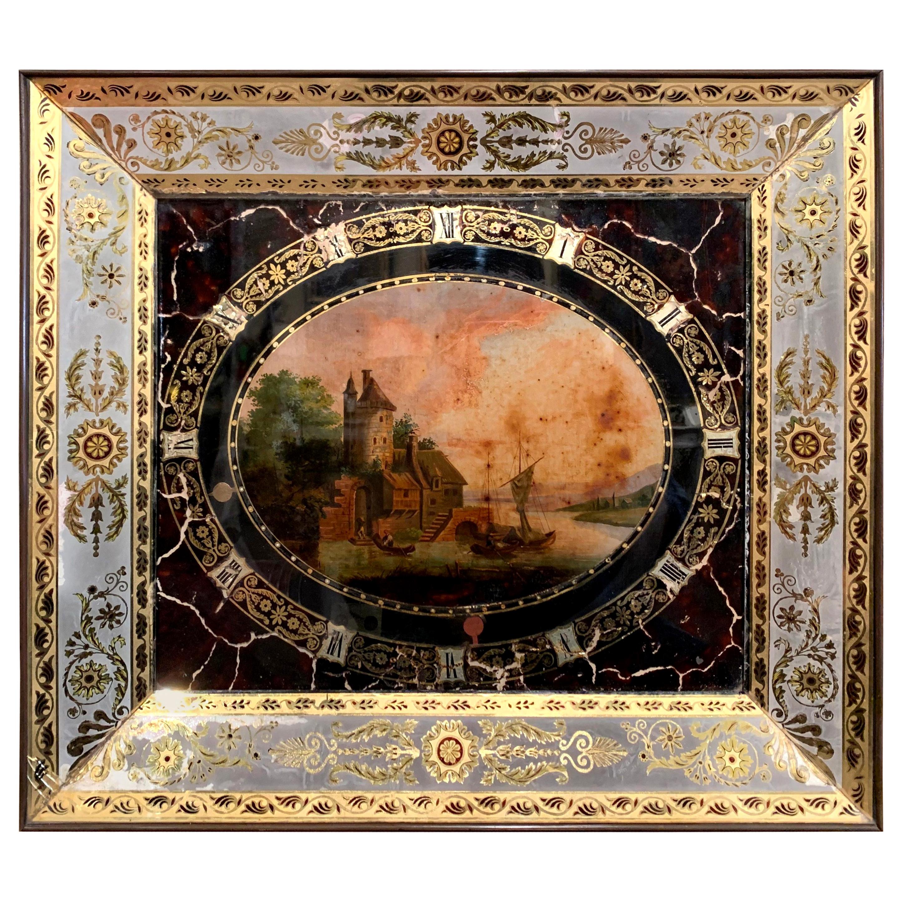 19th Century, French Napoleon III Hand Painted Wall Clock with "Églomisé" Glass