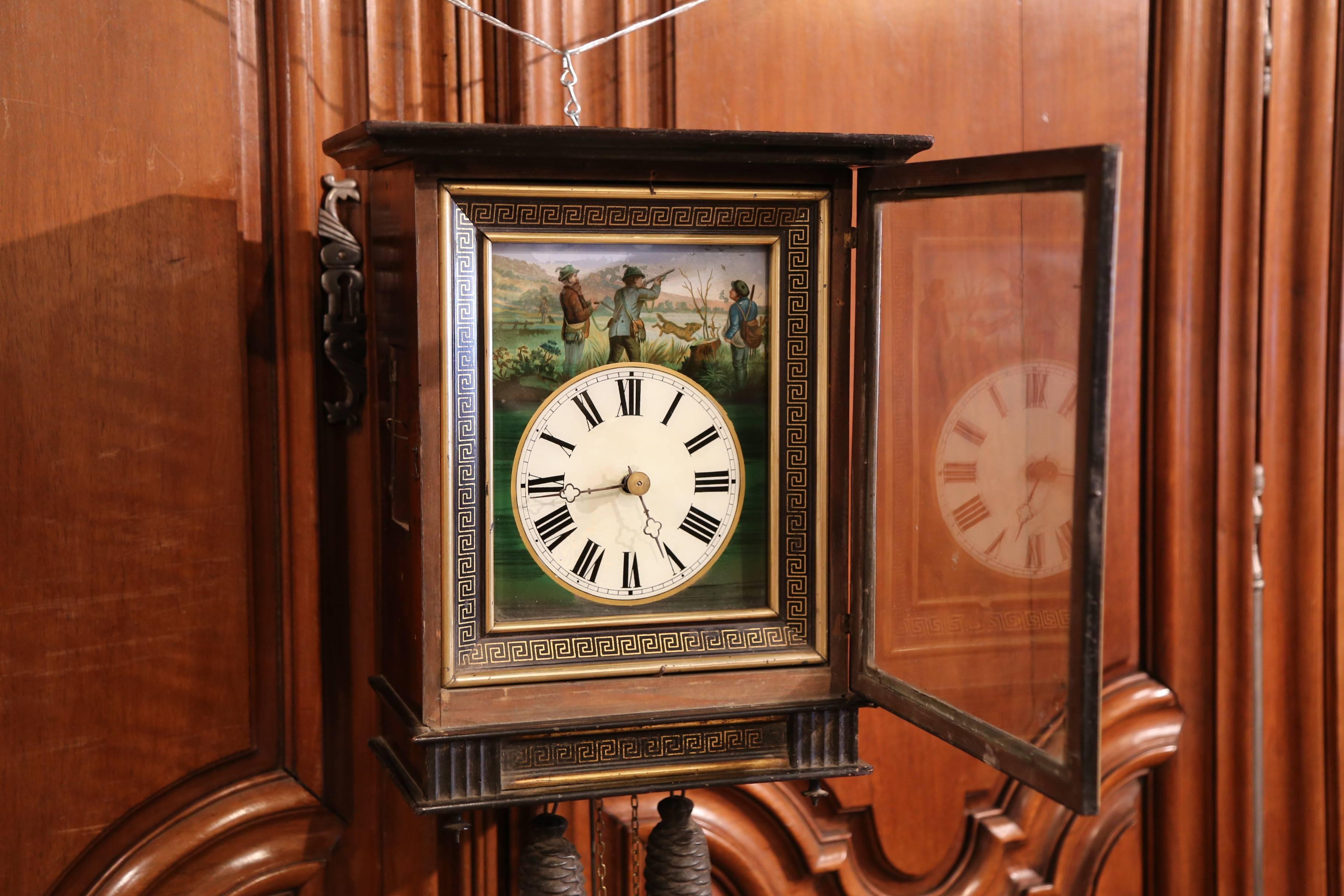 19th Century French Napoleon III Hand Painted Wall Clock with Hunt Scene In Excellent Condition For Sale In Dallas, TX