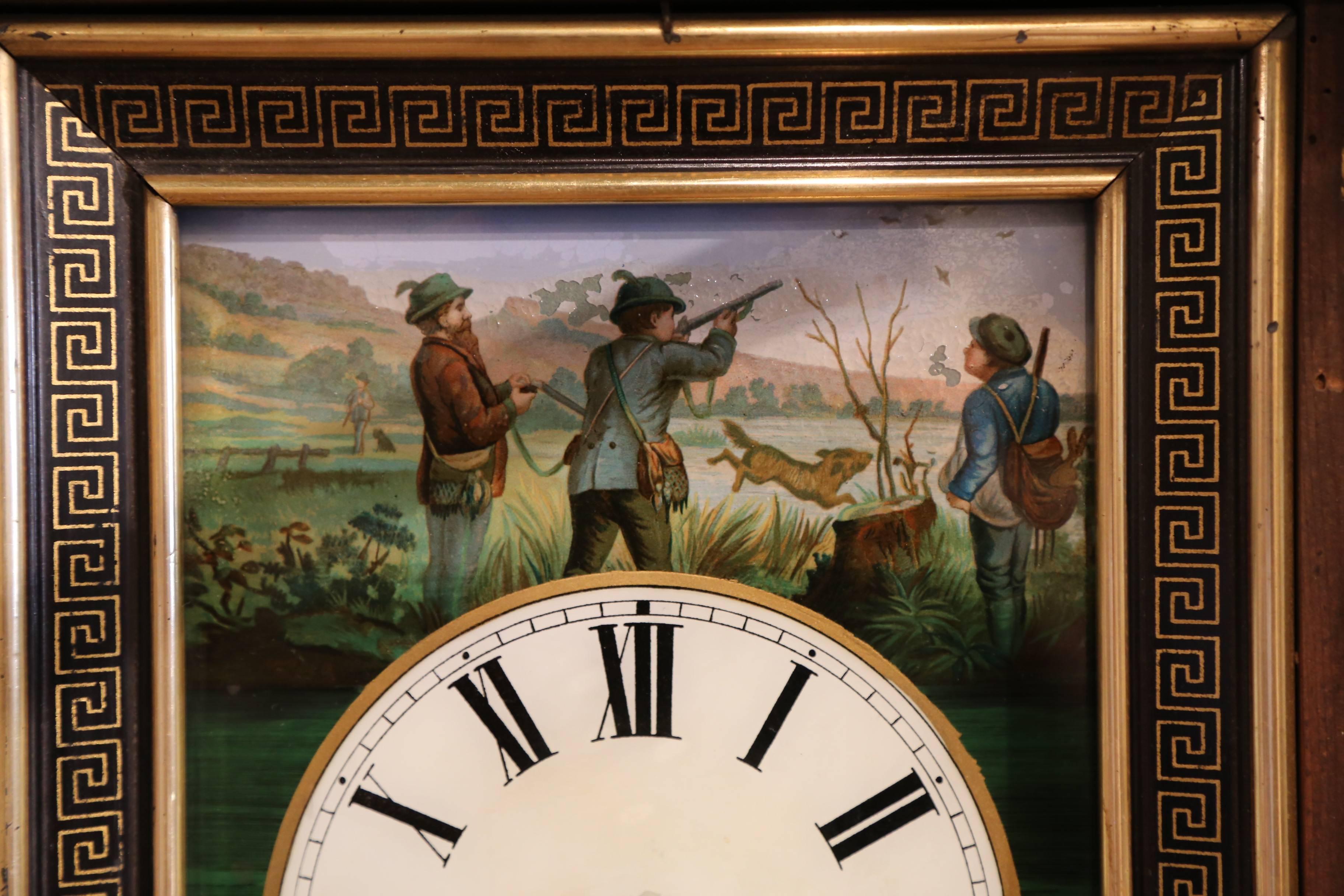 Brass 19th Century French Napoleon III Hand Painted Wall Clock with Hunt Scene For Sale