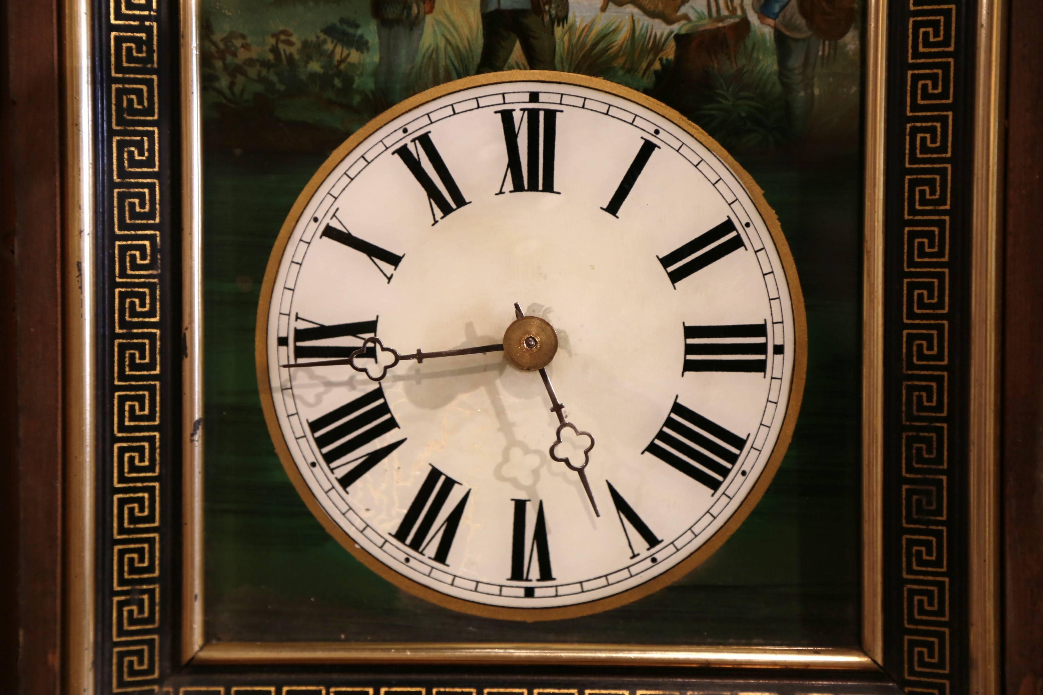 Horloge murale française du 19ème siècle peinte à la main de style Napoléon III représentant une scène de chasse en vente 1
