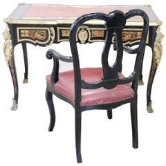 19th Century French Napoleon III Inlay Wood Golden Bronzes Desk with Armchair
