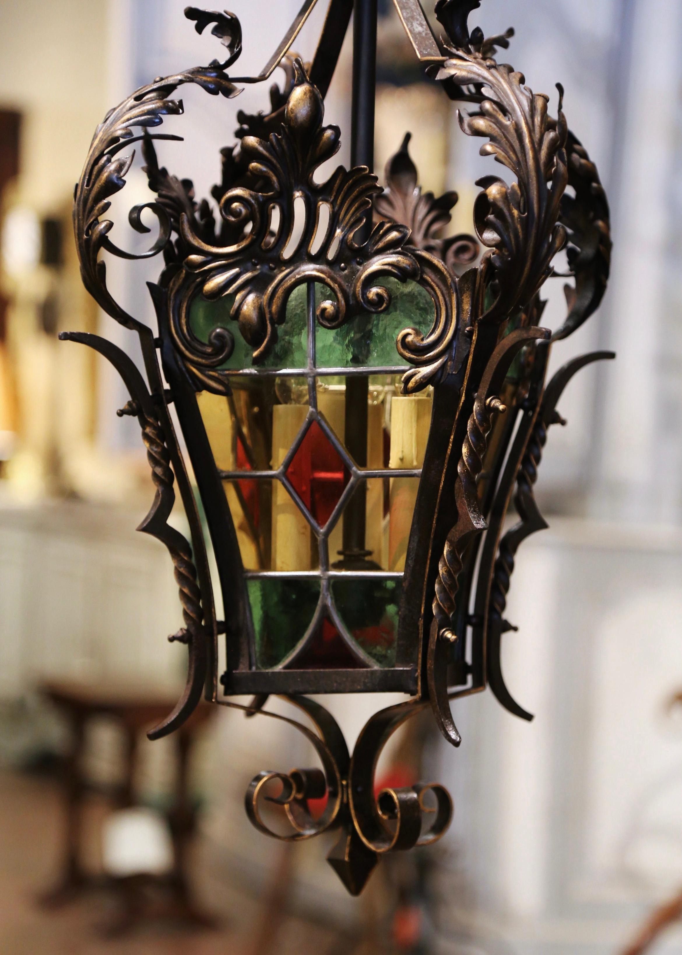 19th Century, French Napoleon III Iron and Stained Glass Three-Light Lantern 6