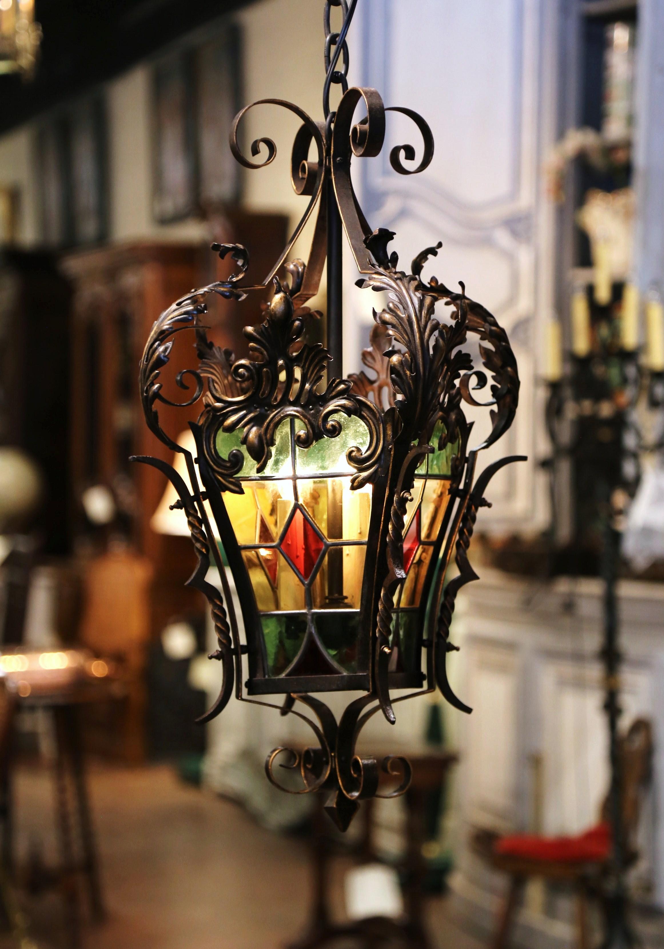 19th Century, French Napoleon III Iron and Stained Glass Three-Light Lantern 7