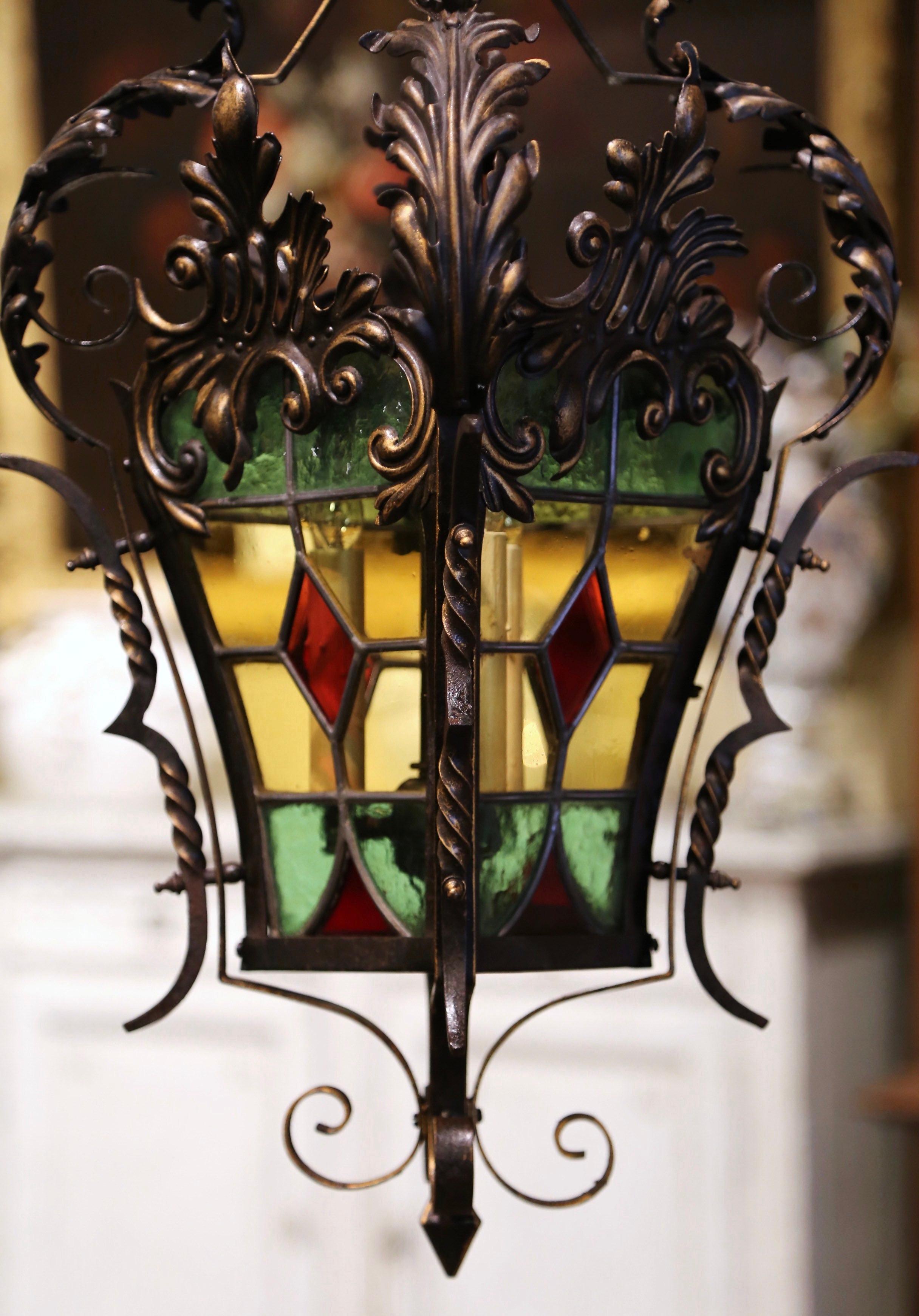 19th Century, French Napoleon III Iron and Stained Glass Three-Light Lantern 8
