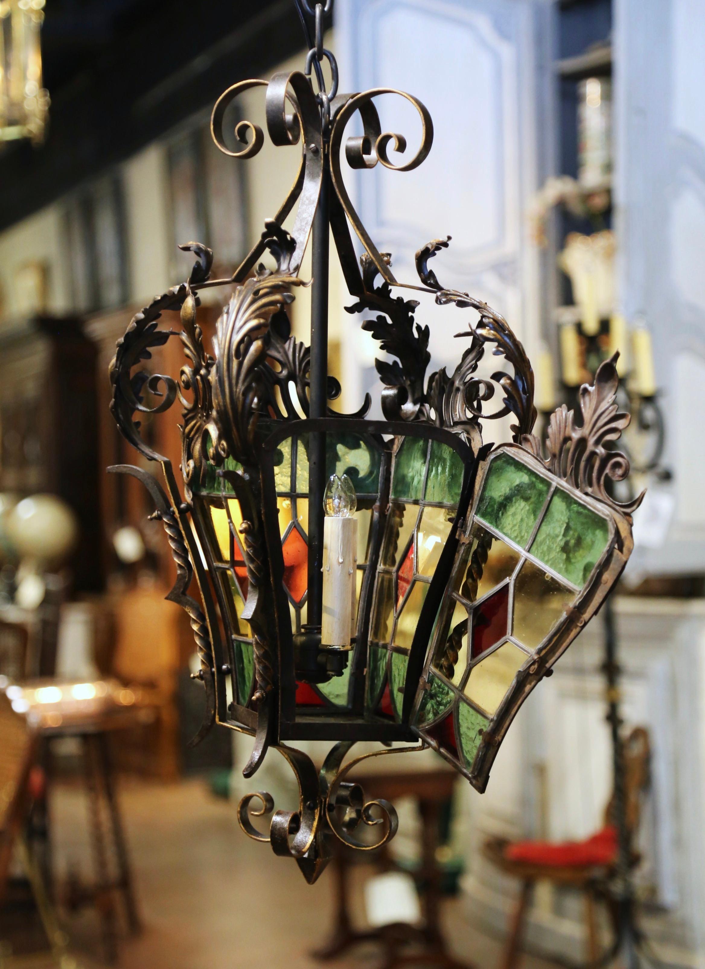 19th Century, French Napoleon III Iron and Stained Glass Three-Light Lantern 9