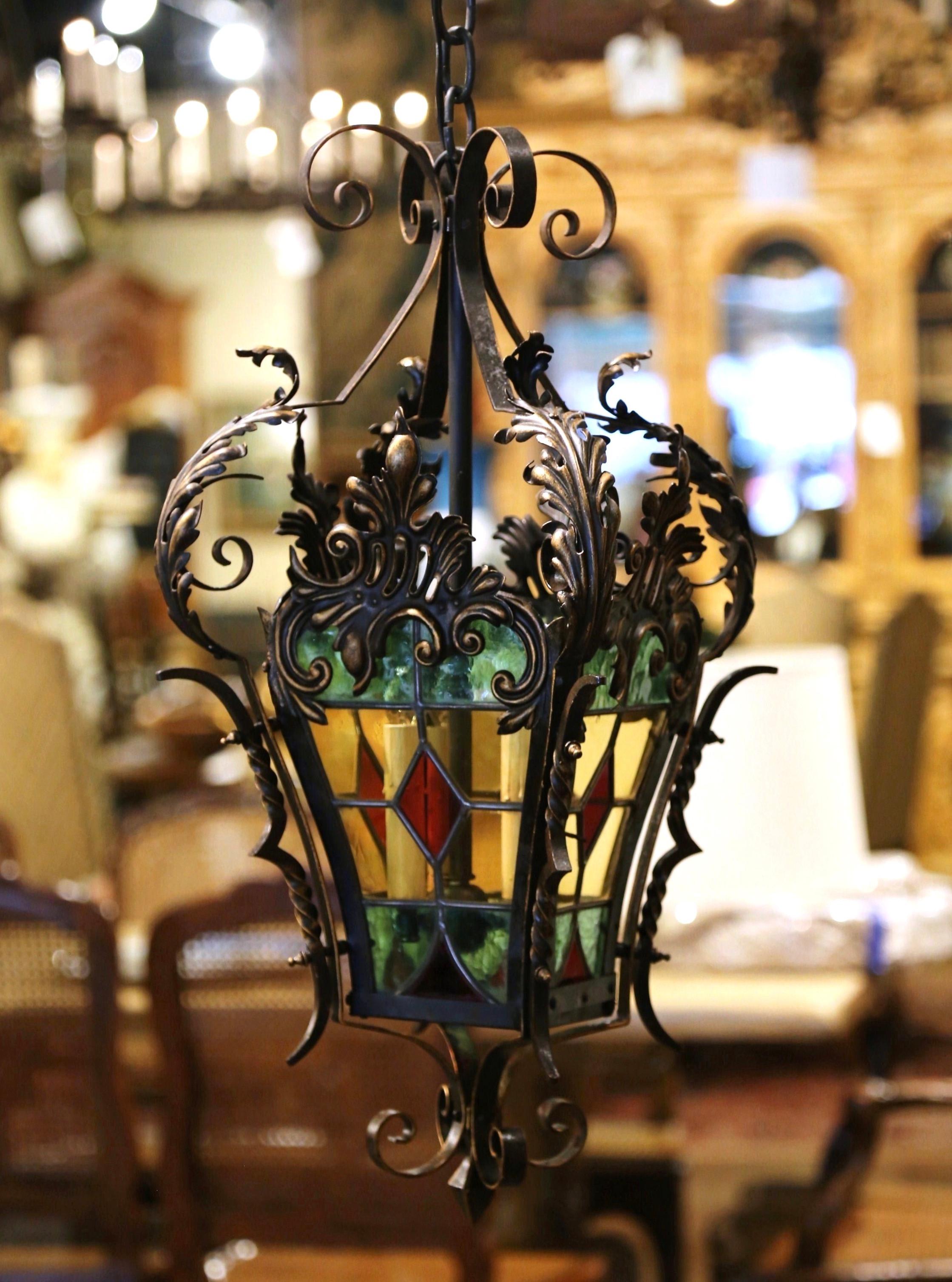 Patinated 19th Century, French Napoleon III Iron and Stained Glass Three-Light Lantern