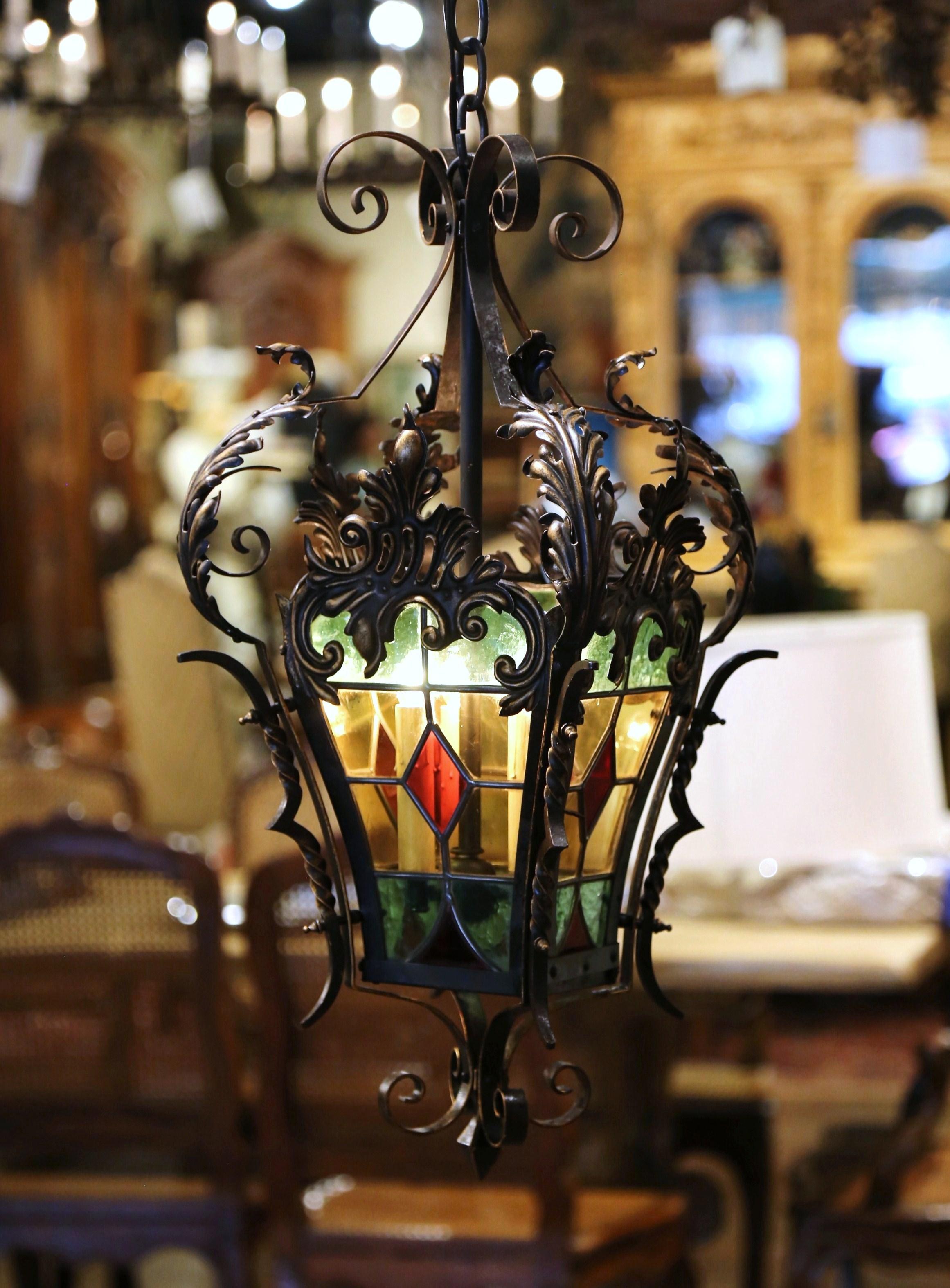 19th Century, French Napoleon III Iron and Stained Glass Three-Light Lantern In Excellent Condition In Dallas, TX