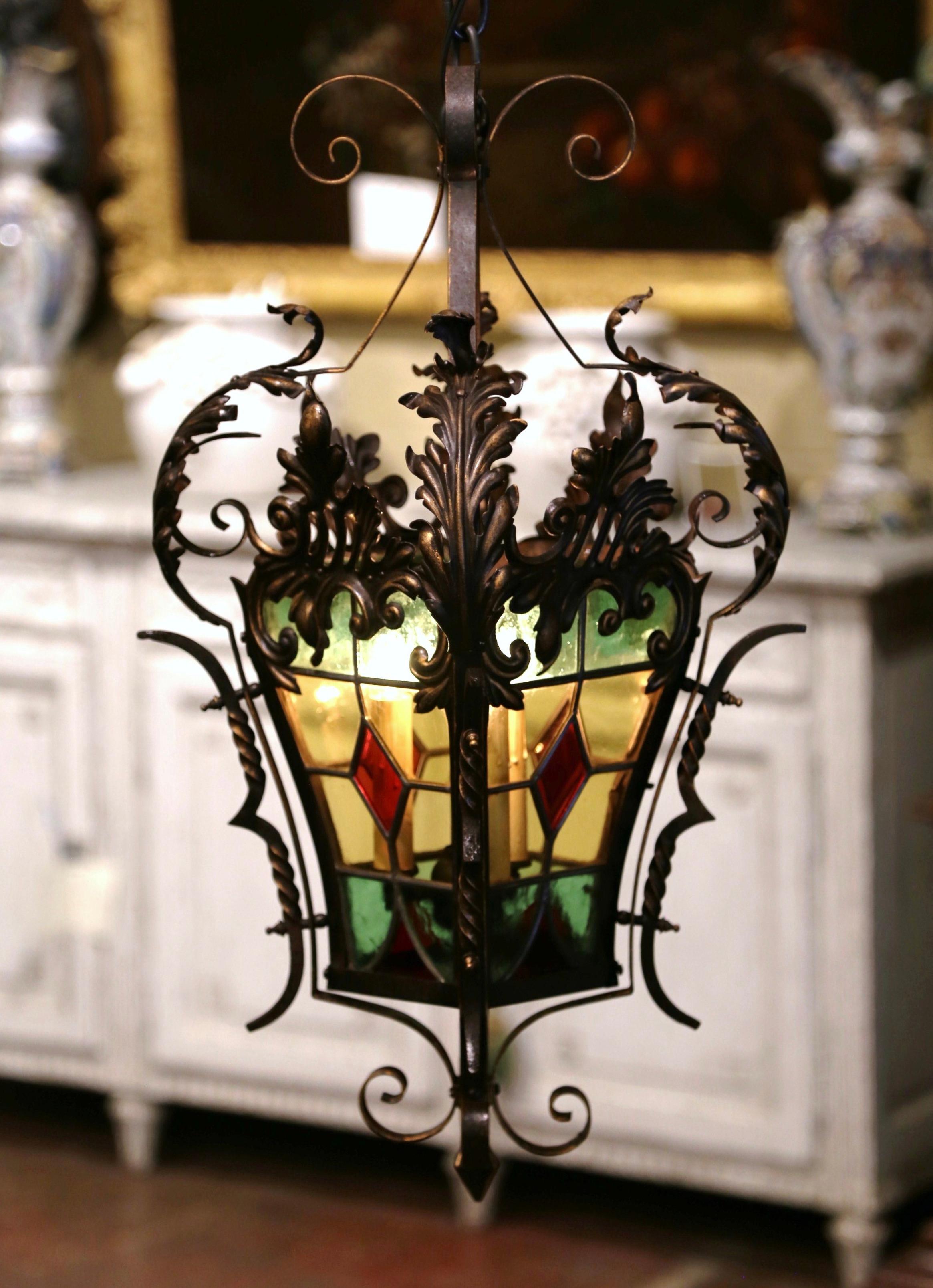 19th Century, French Napoleon III Iron and Stained Glass Three-Light Lantern 1