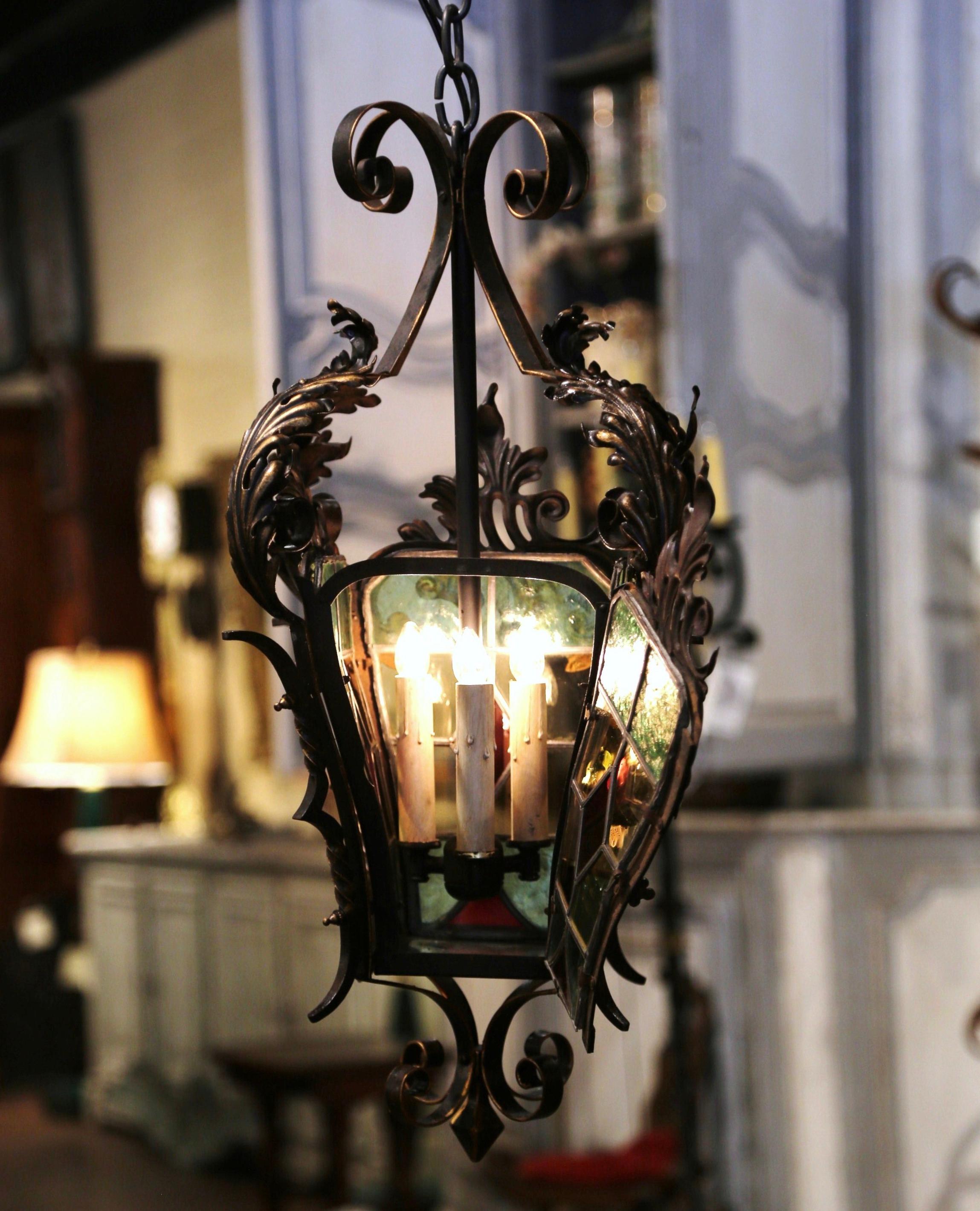 19th Century, French Napoleon III Iron and Stained Glass Three-Light Lantern 3