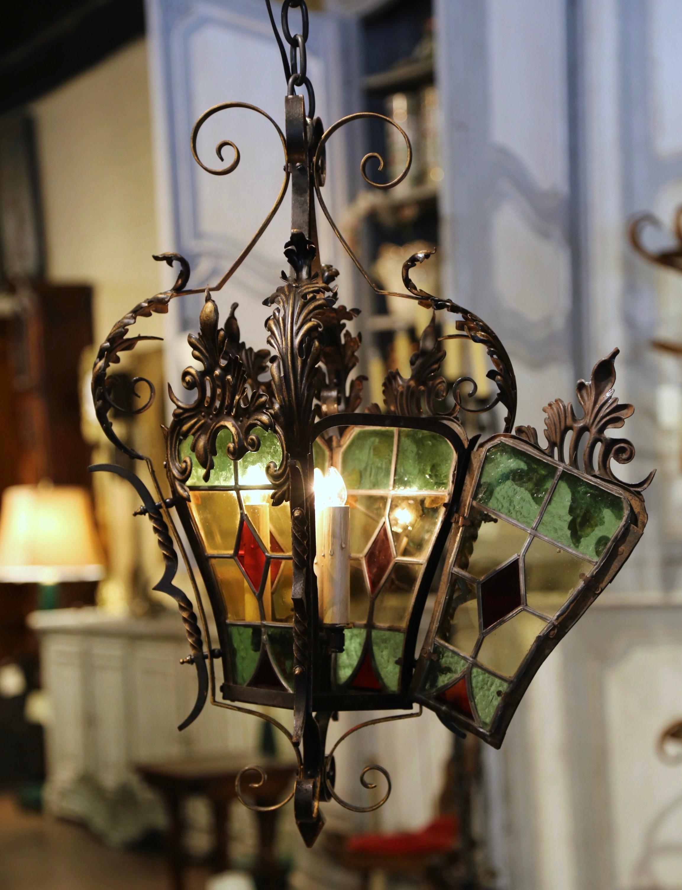 19th Century, French Napoleon III Iron and Stained Glass Three-Light Lantern 4