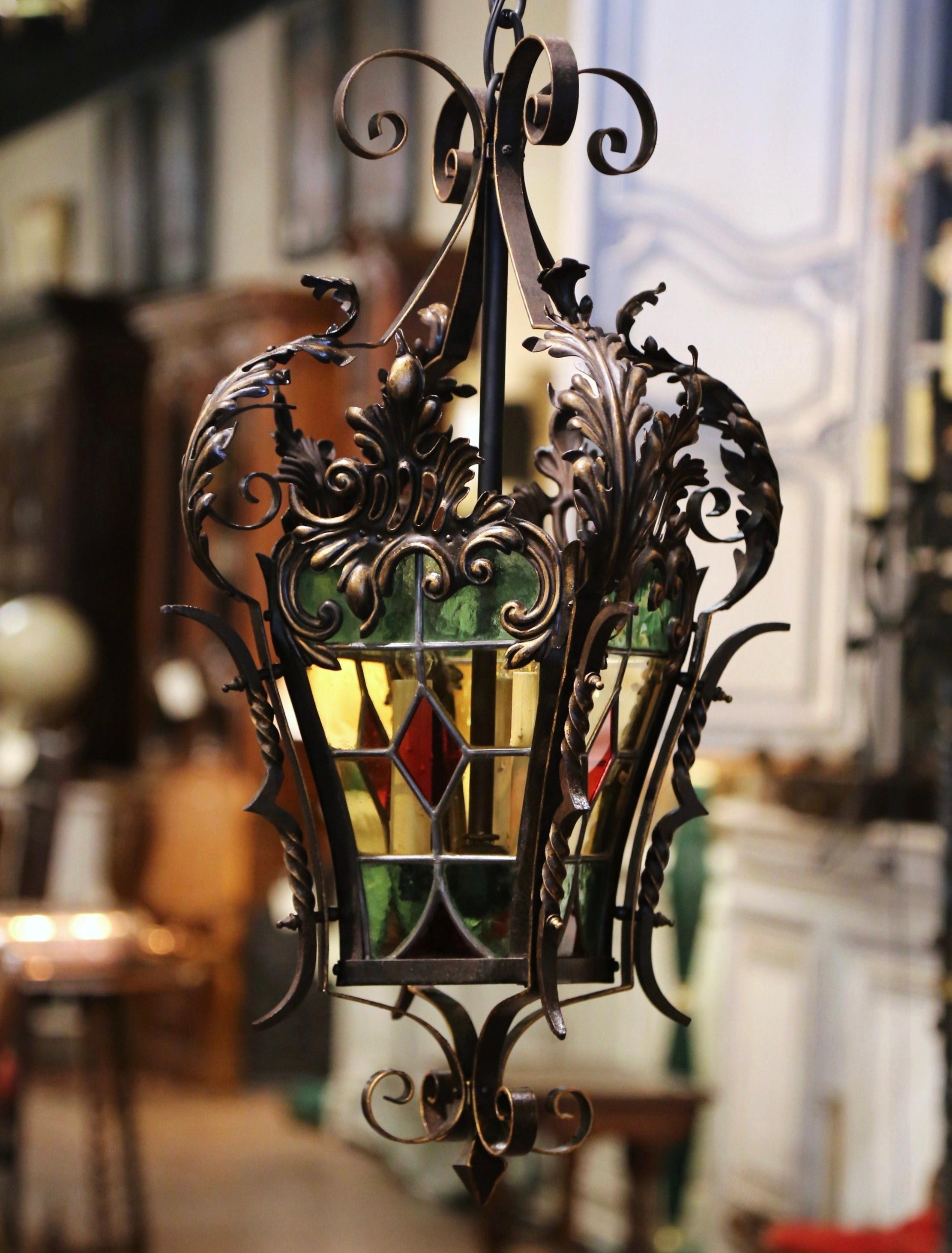 19th Century, French Napoleon III Iron and Stained Glass Three-Light Lantern 5