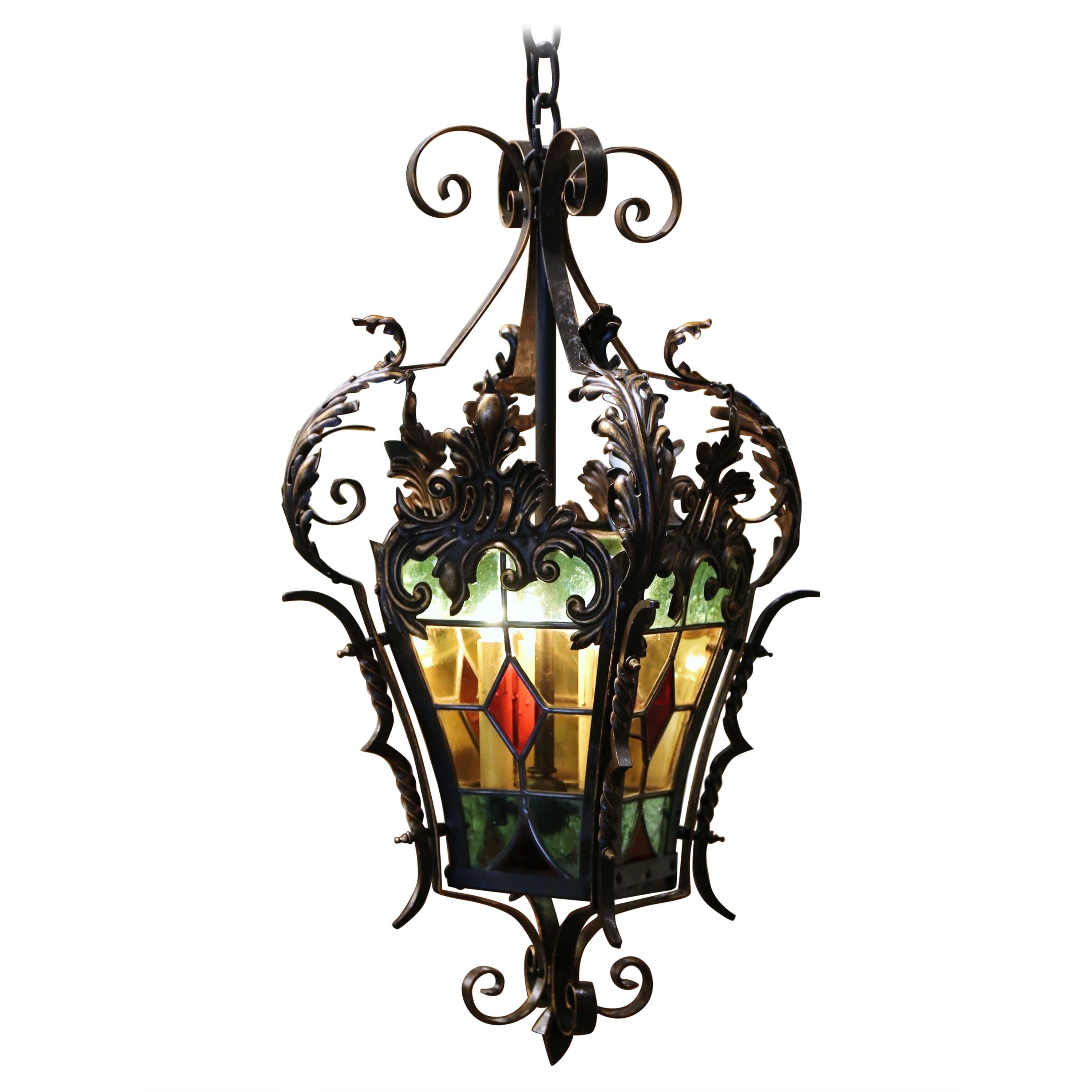 19th Century, French Napoleon III Iron and Stained Glass Three-Light Lantern
