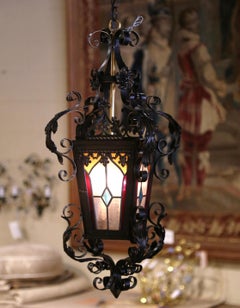 19th Century French Napoleon III Iron Lantern with Painted Stained Glass Panels
