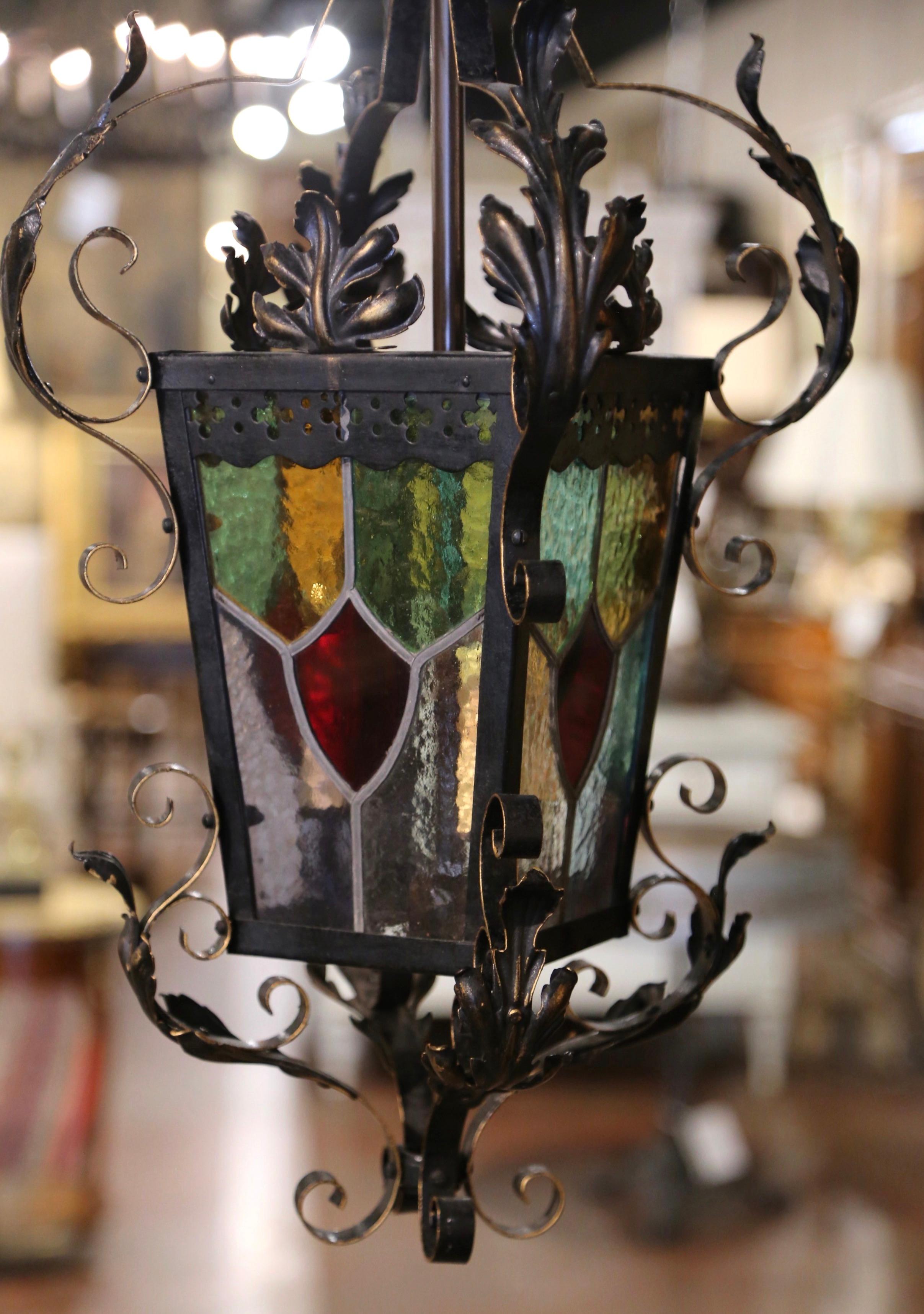 Hand-Crafted 19th Century French Napoleon III Iron Lantern with Painted Stained Glass Panels For Sale