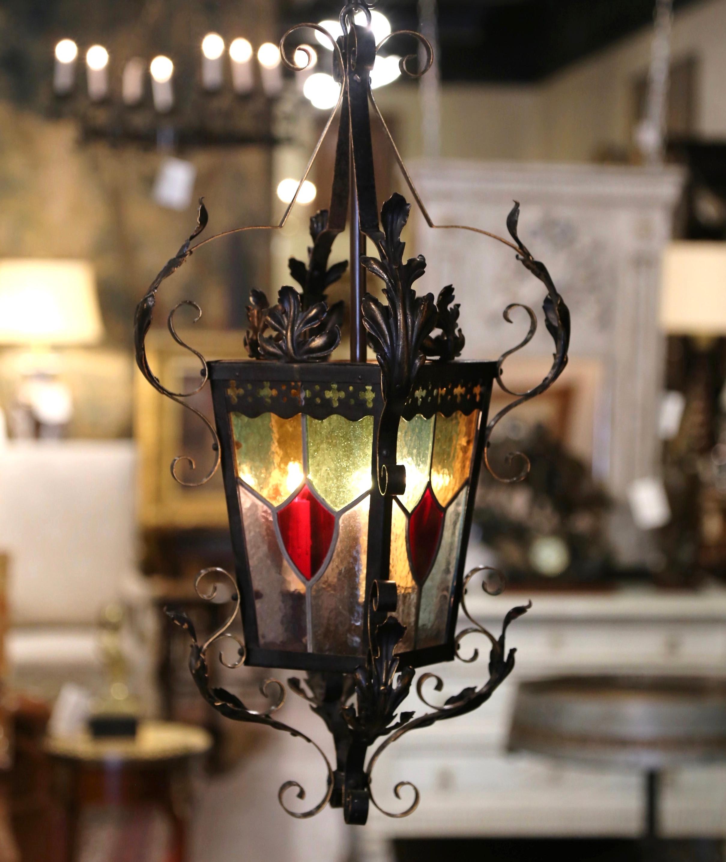 19th Century French Napoleon III Iron Lantern with Painted Stained Glass Panels In Excellent Condition For Sale In Dallas, TX