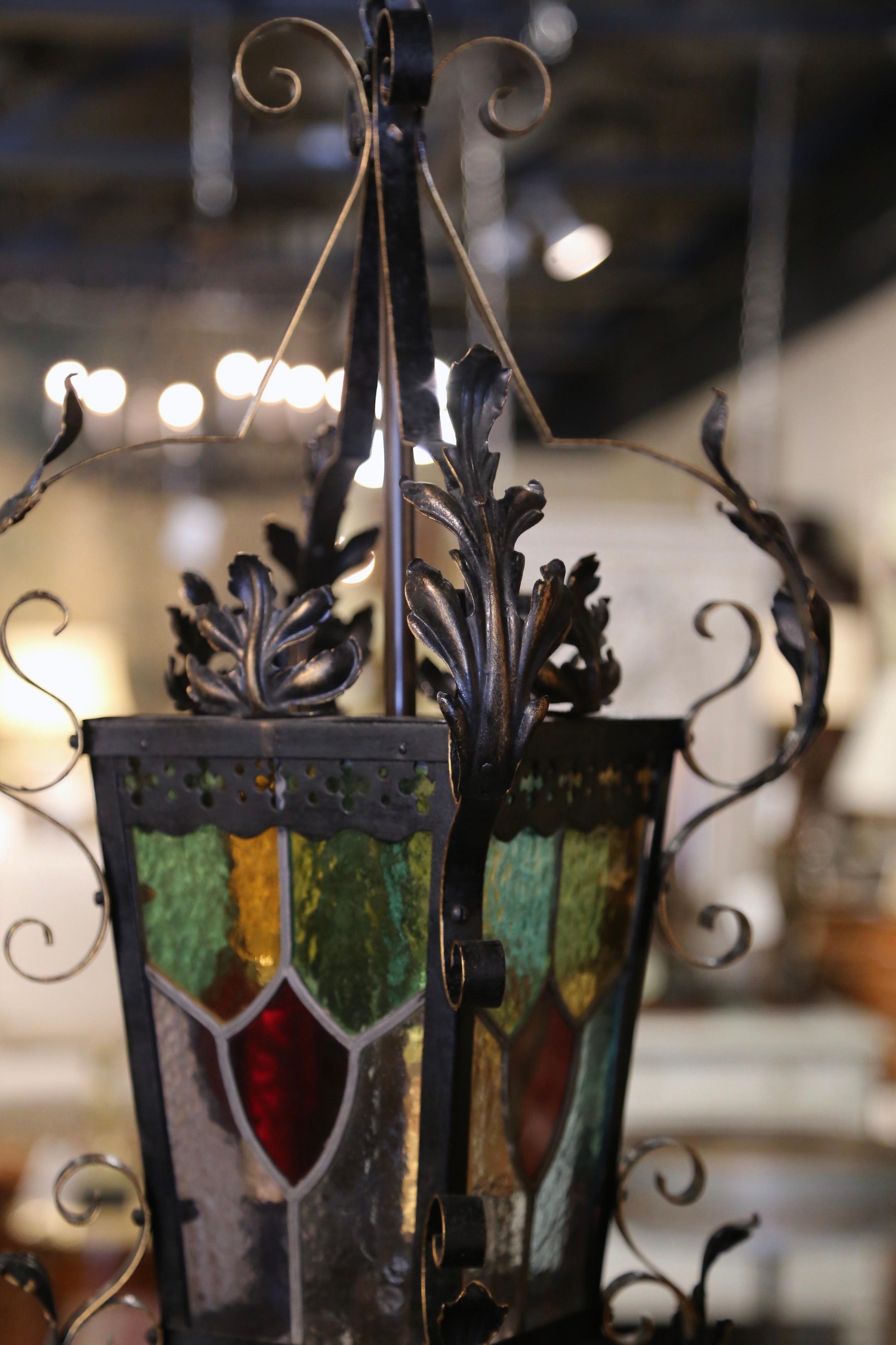 19th Century French Napoleon III Iron Lantern with Painted Stained Glass Panels For Sale 1