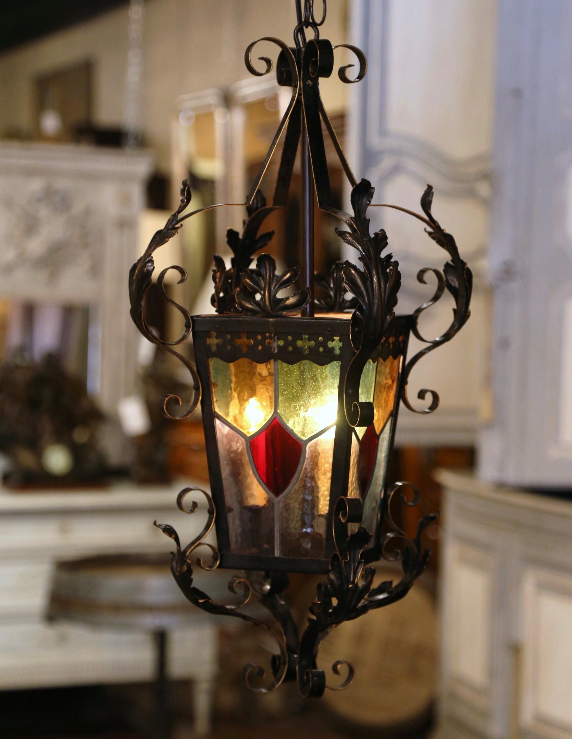19th Century French Napoleon III Iron Lantern with Painted Stained Glass Panels For Sale 2